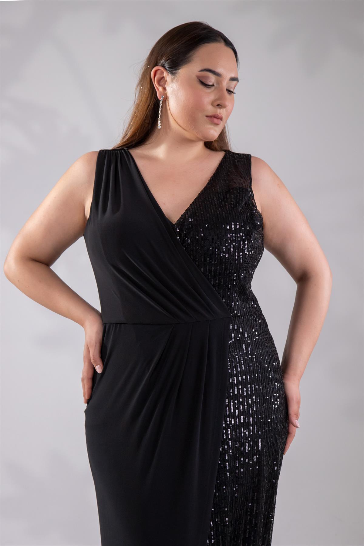 Büyük Beden 142046 Kruvaze Pul Payetli Abiye  Siyah-Pulpayet