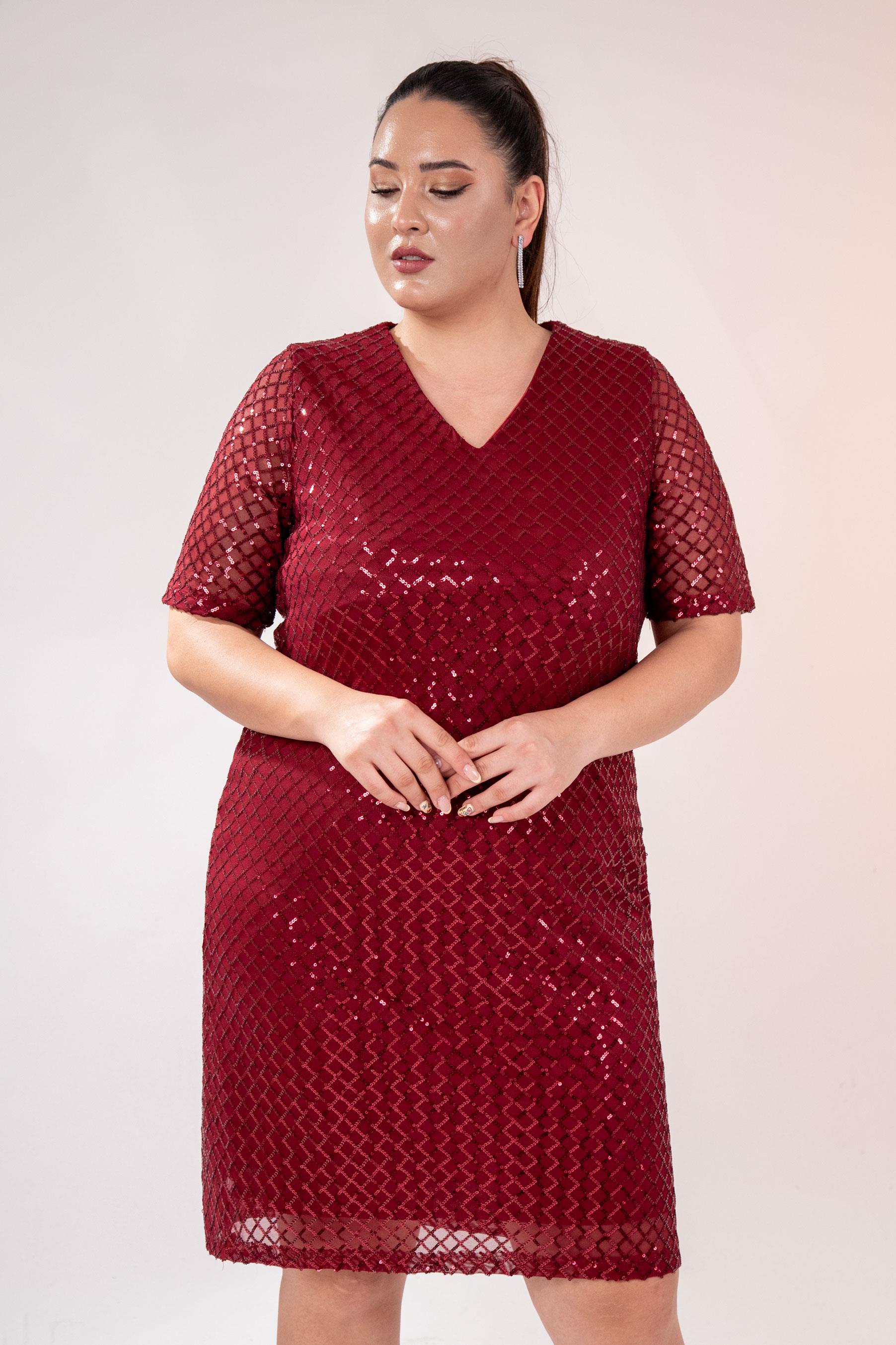 Büyük Beden 14223241 V Yaka Abiye Elbise Bordo