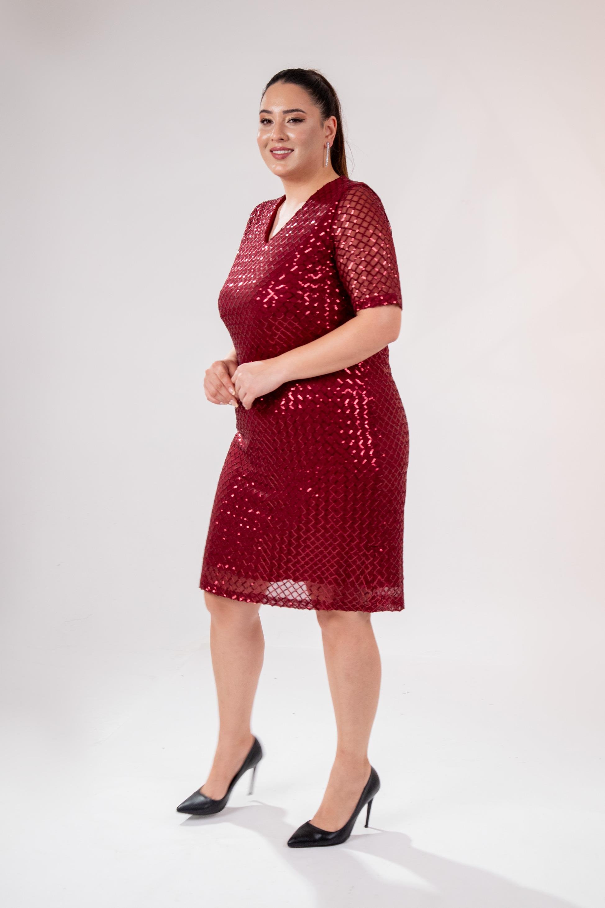 Büyük Beden 14223241 V Yaka Abiye Elbise Bordo