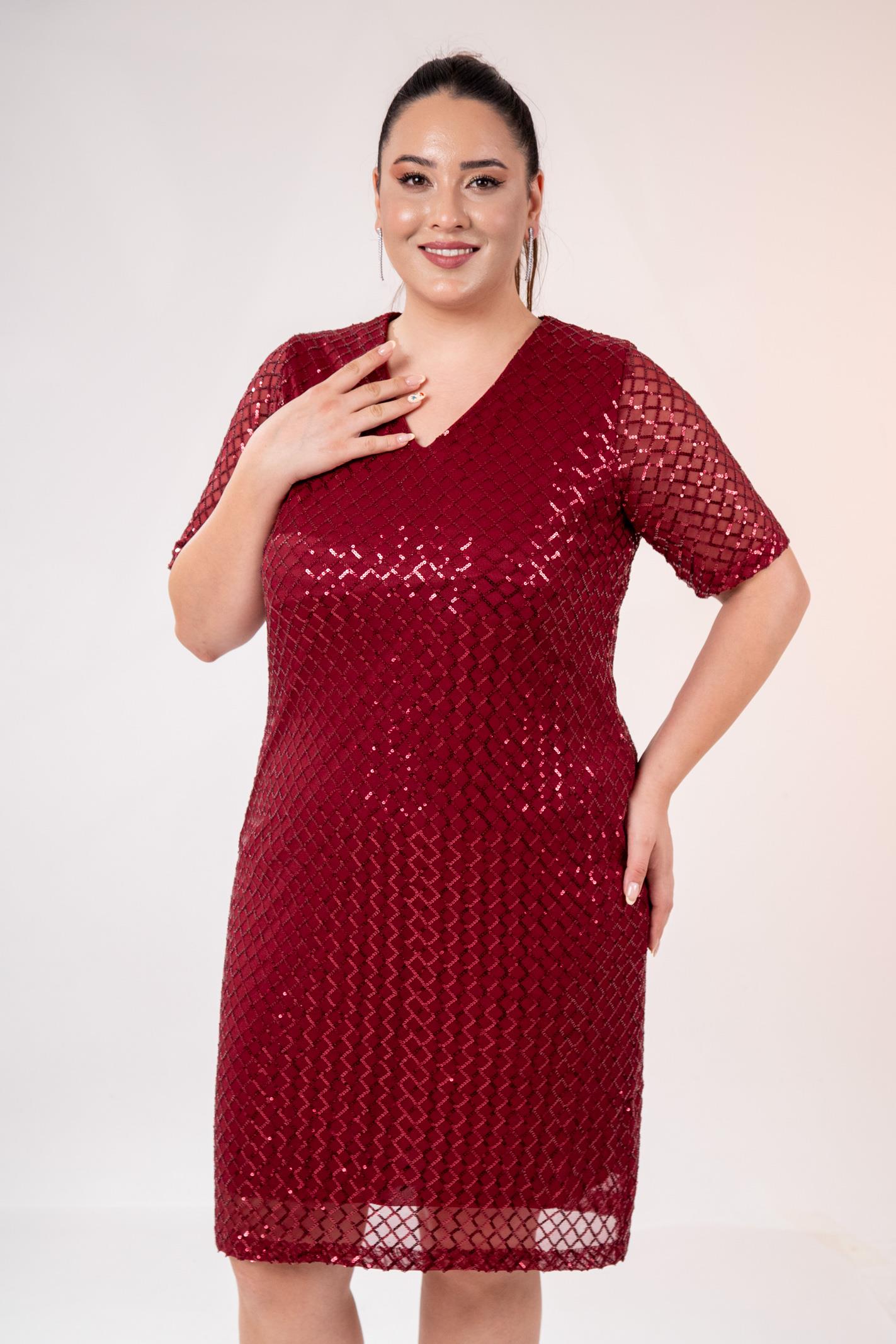 Büyük Beden 14223241 V Yaka Abiye Elbise Bordo