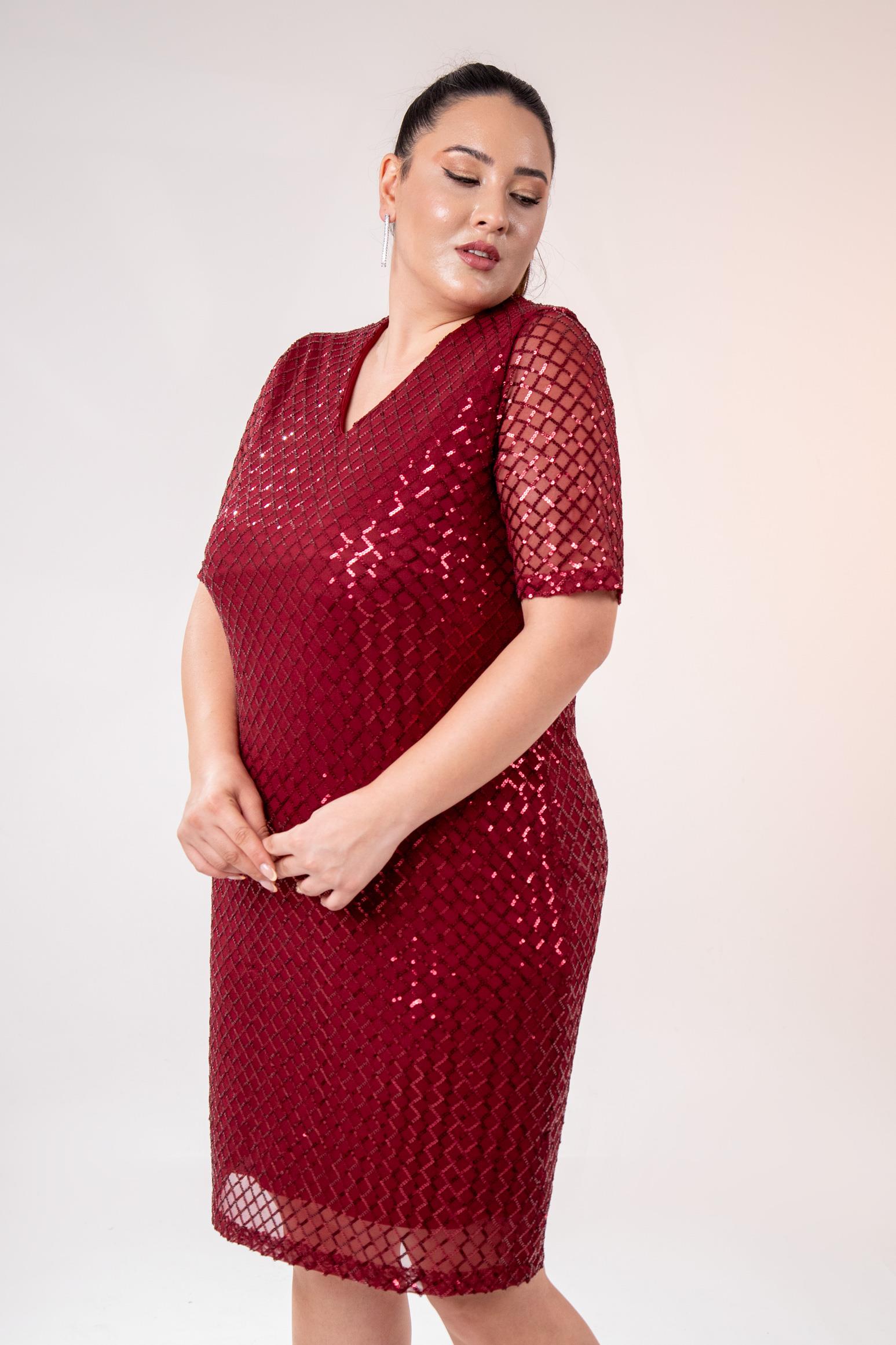 Büyük Beden 14223241 V Yaka Abiye Elbise Bordo