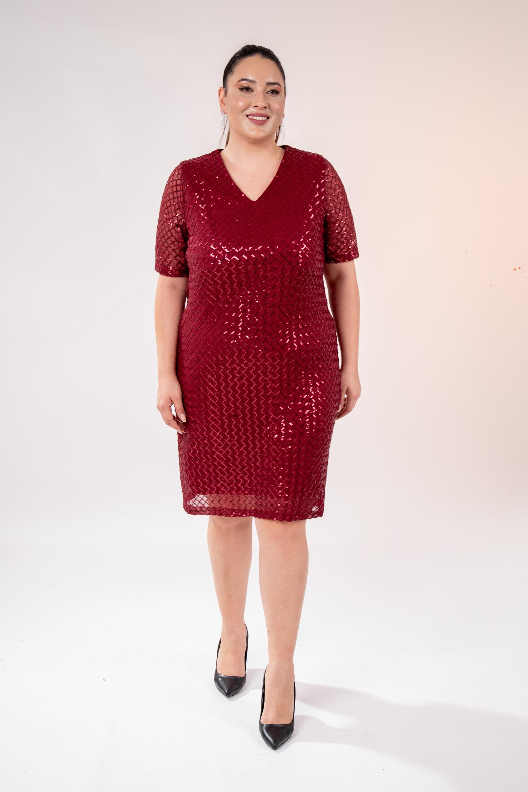 Büyük Beden 14223241 V Yaka Abiye Elbise Bordo