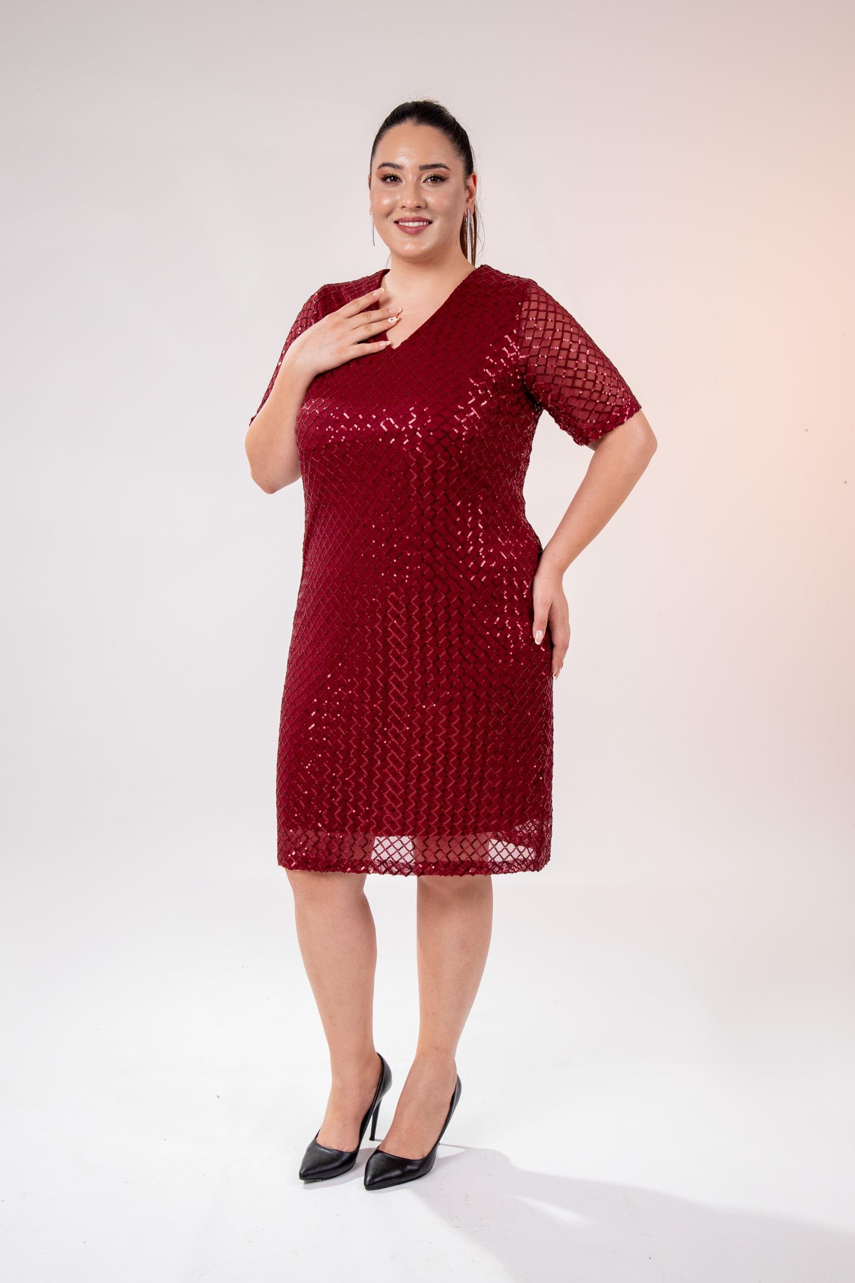 Büyük Beden 14223241 V Yaka Abiye Elbise Bordo