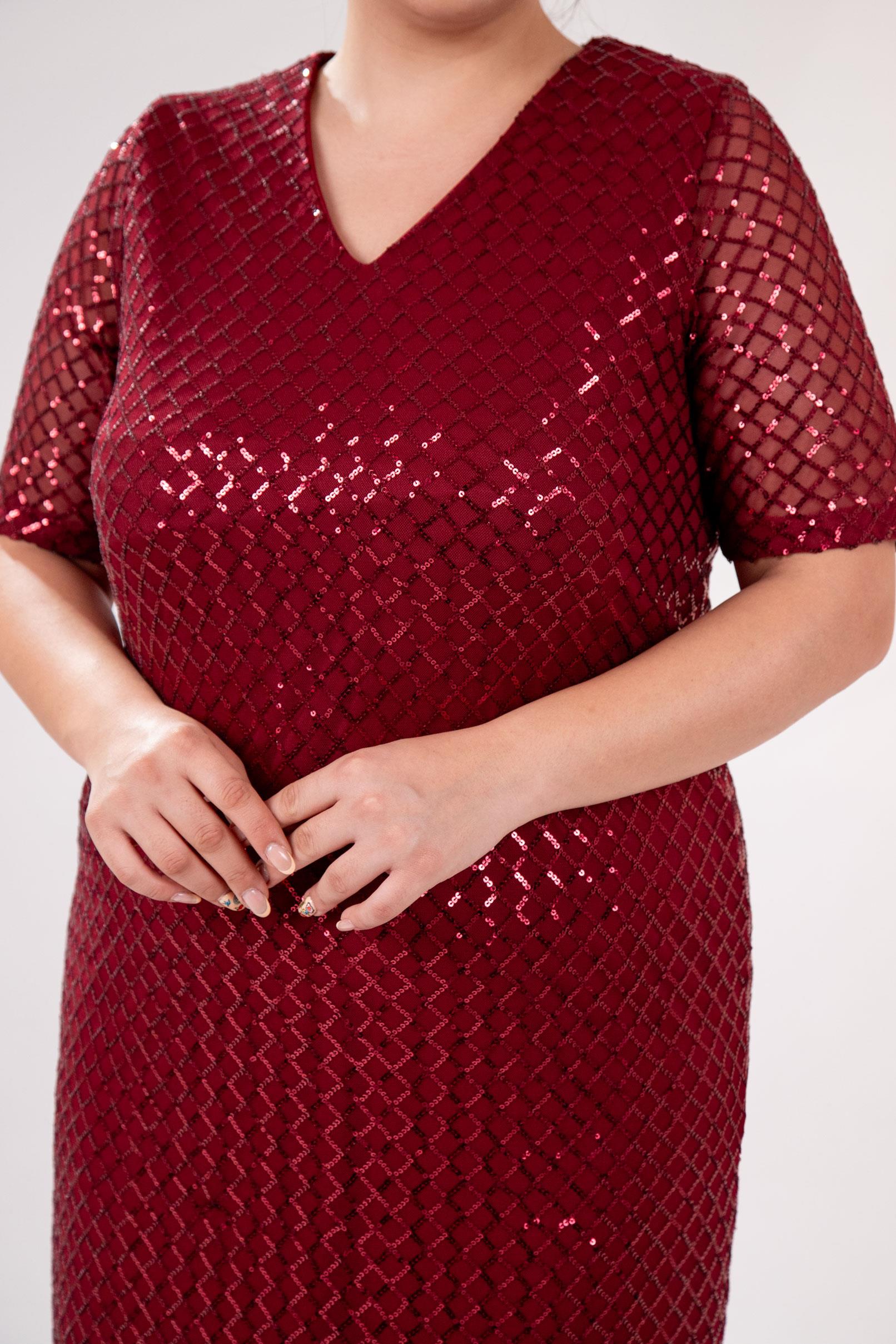 Büyük Beden 14223241 V Yaka Abiye Elbise Bordo