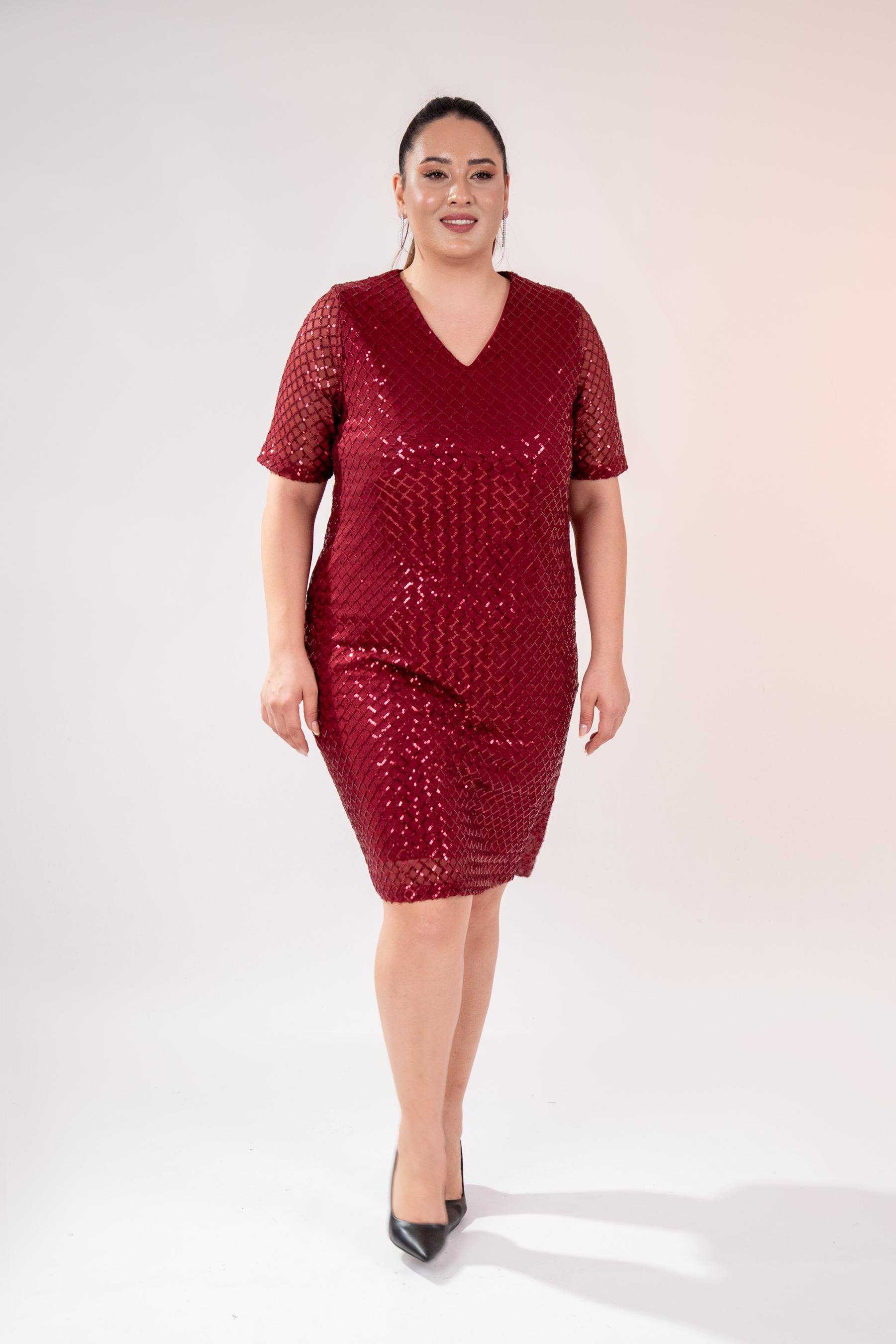 Büyük Beden 14223241 V Yaka Abiye Elbise Bordo