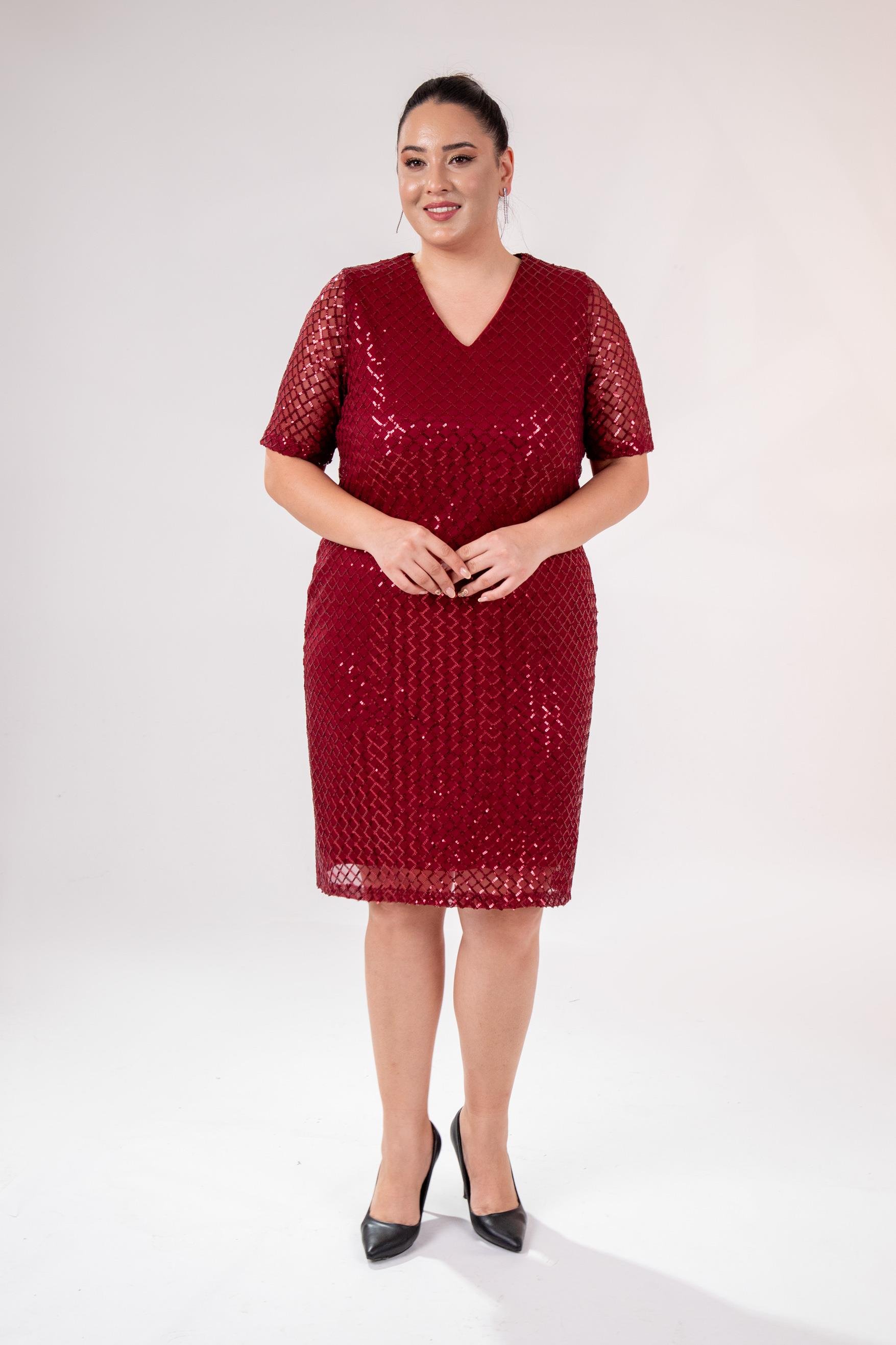 Büyük Beden 14223241 V Yaka Abiye Elbise Bordo