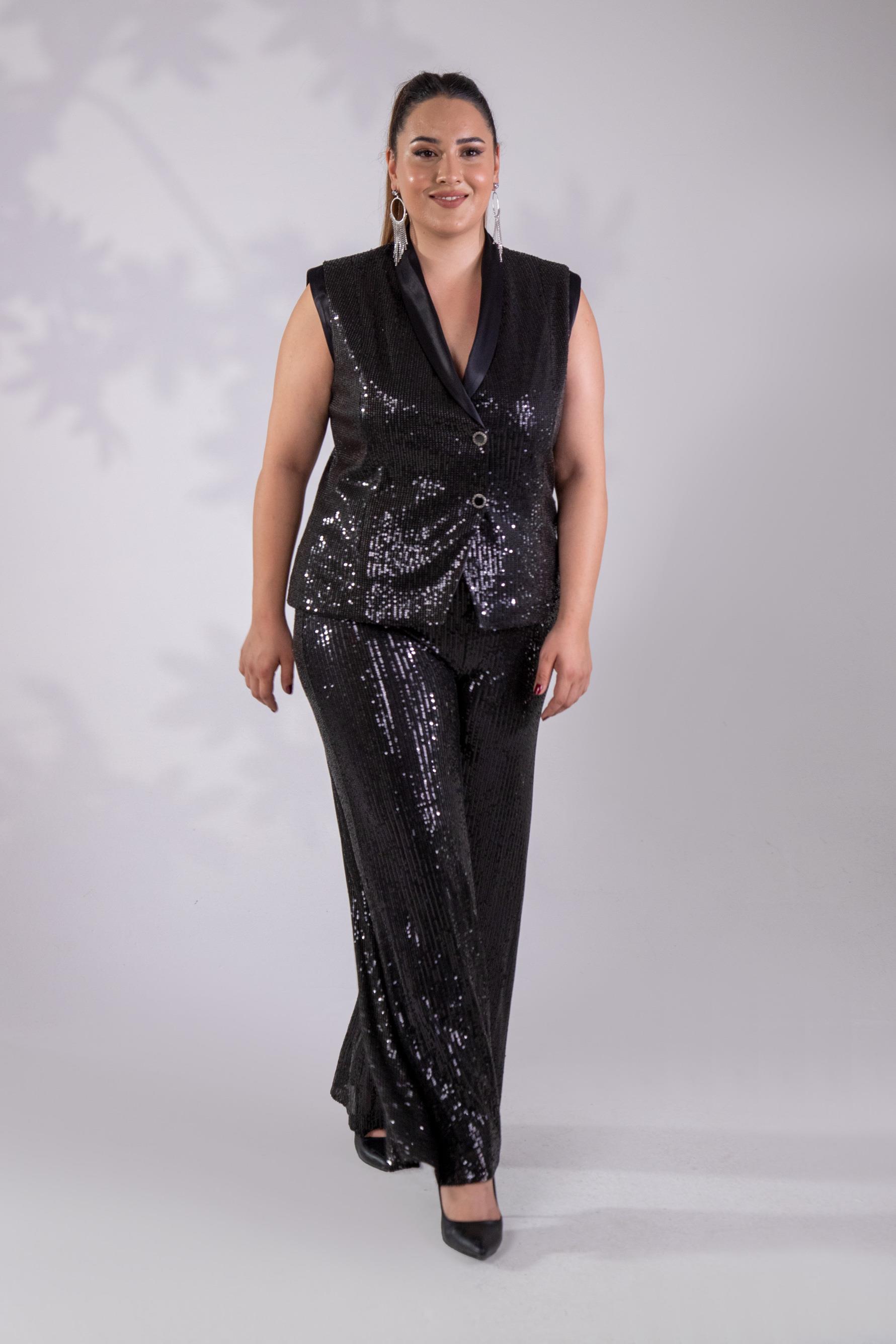 Büyük Beden 142396 Pulpayetli Yelek Siyah