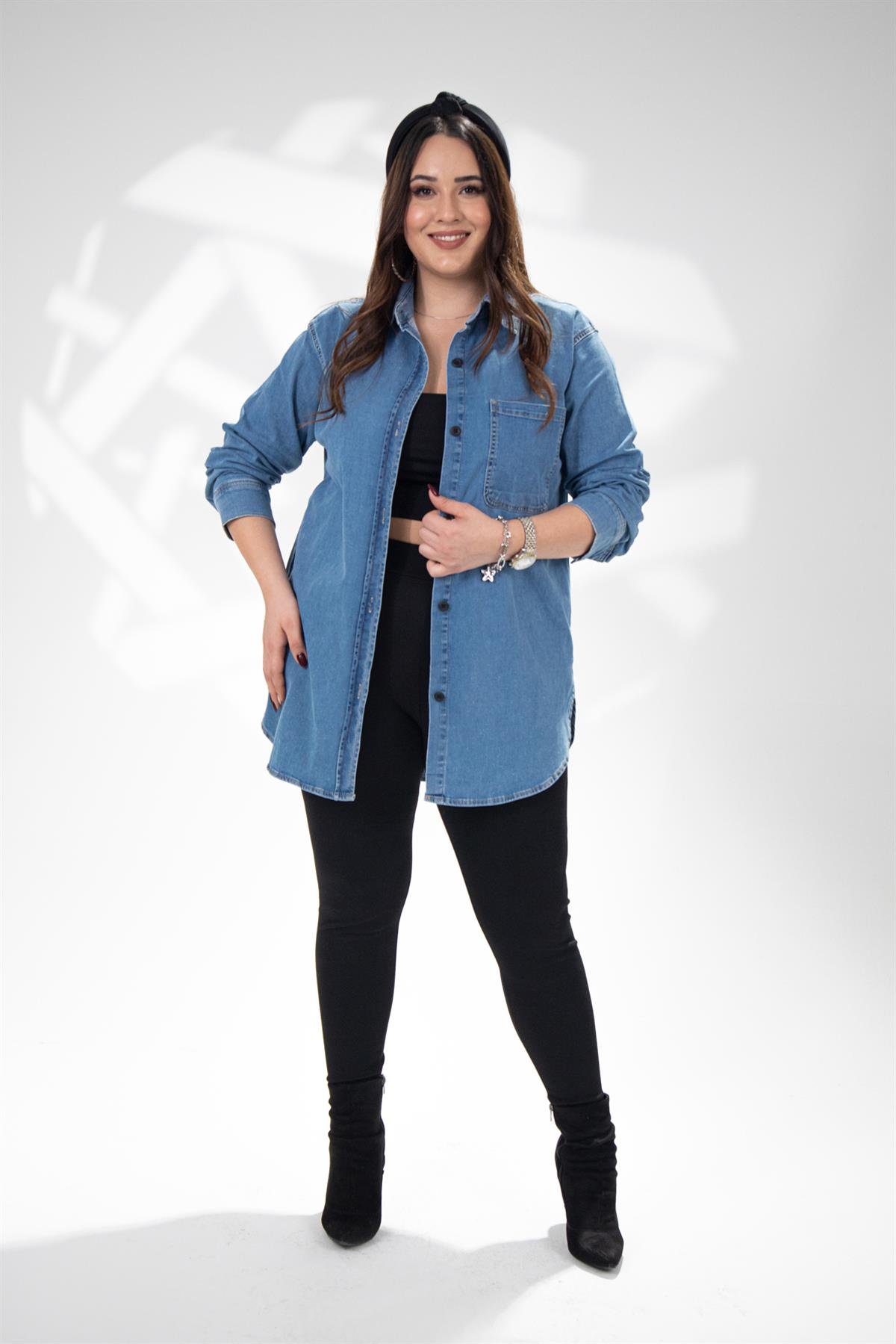 Büyük Beden 210051 Cepli Denim Gömlek  Mavi