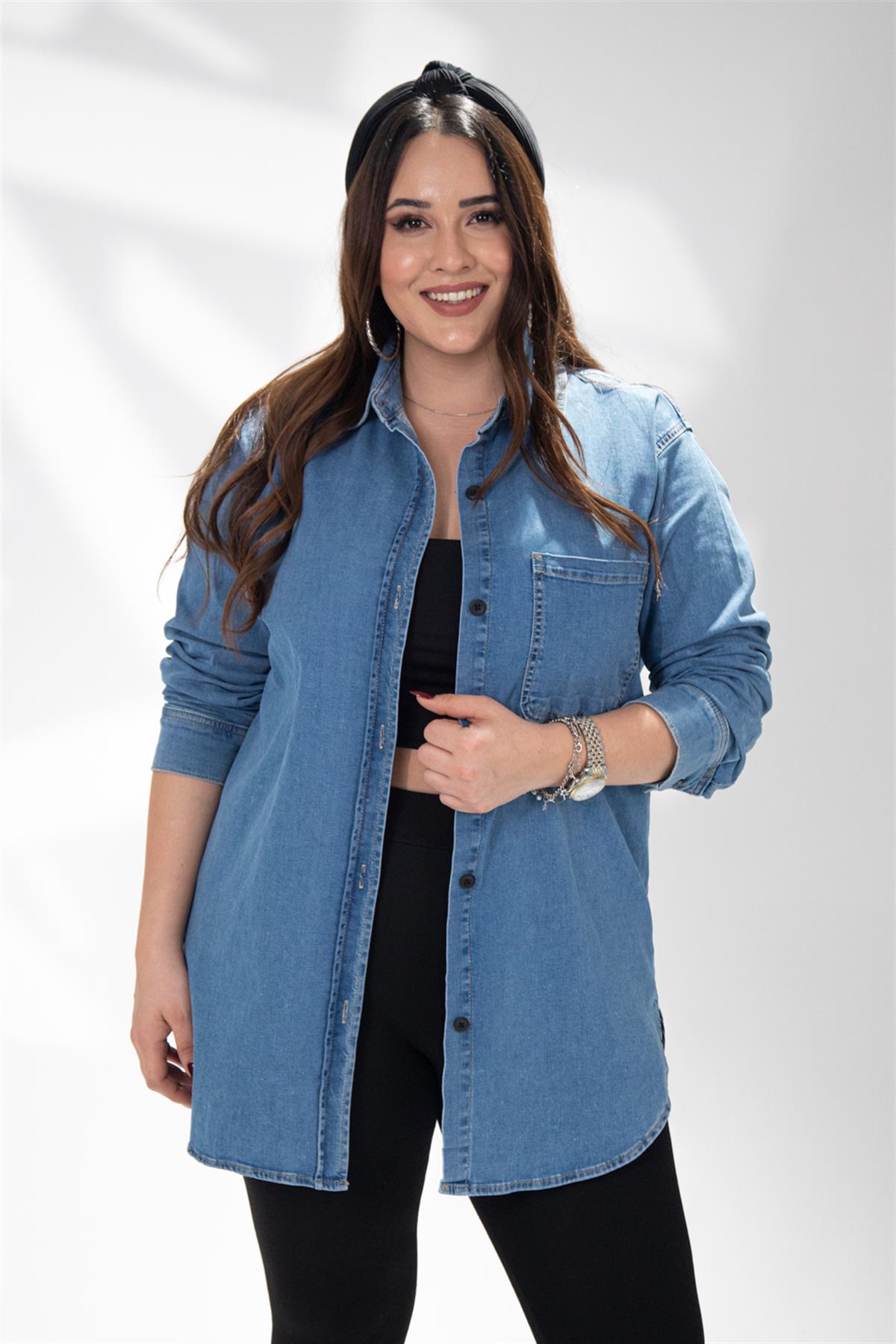 Büyük Beden 210051 Cepli Denim Gömlek  Mavi