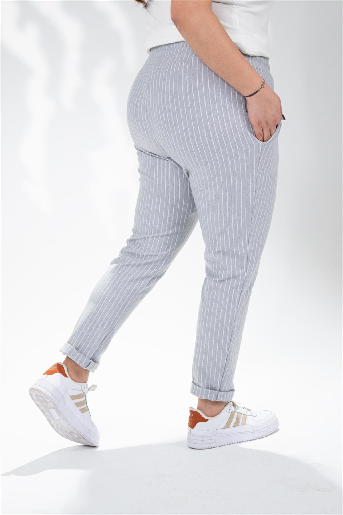 Büyük Beden 210054 Çizgili-Cepli Pantolon  Gri