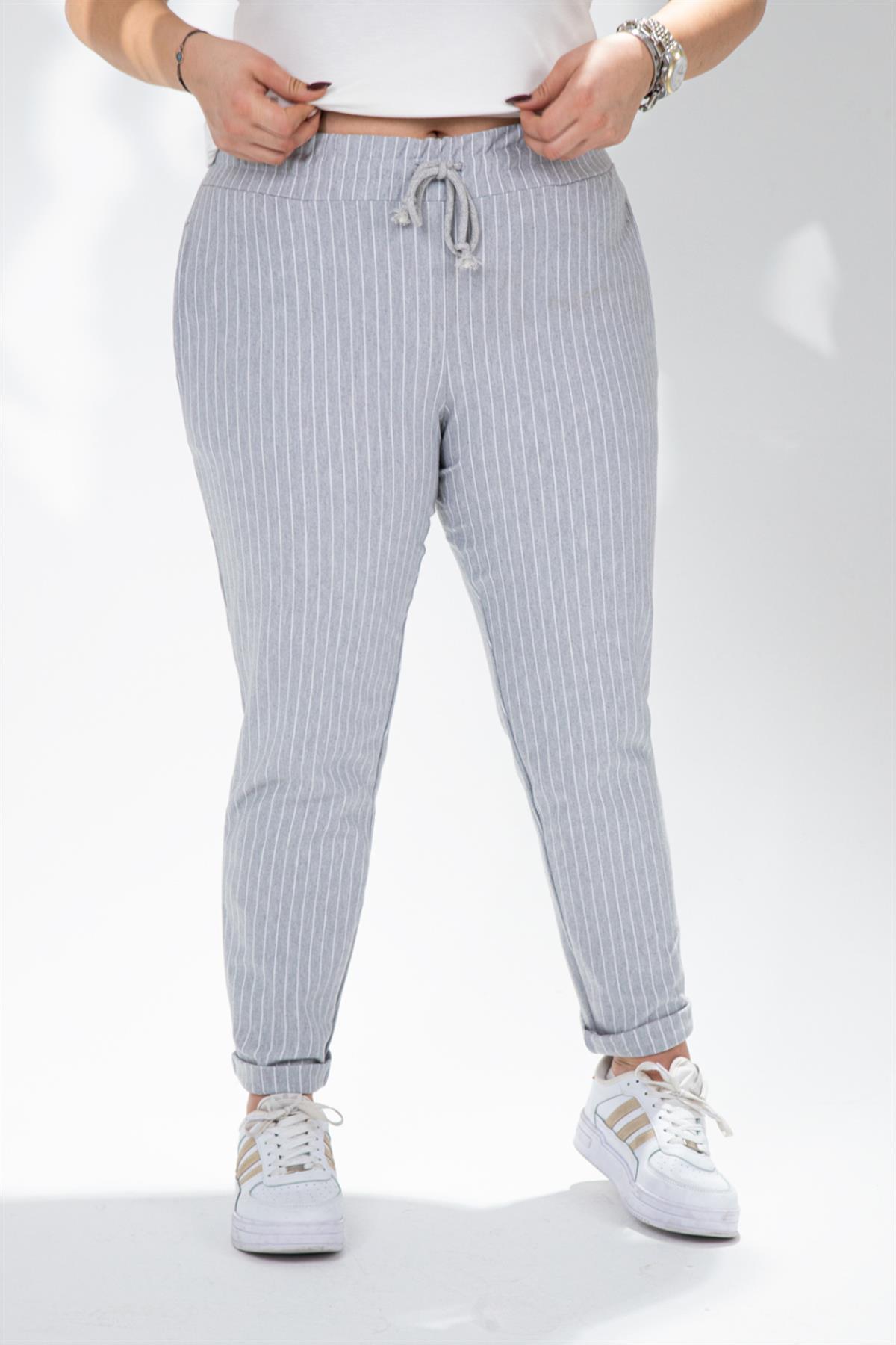 Büyük Beden 210054 Çizgili-Cepli Pantolon  Gri