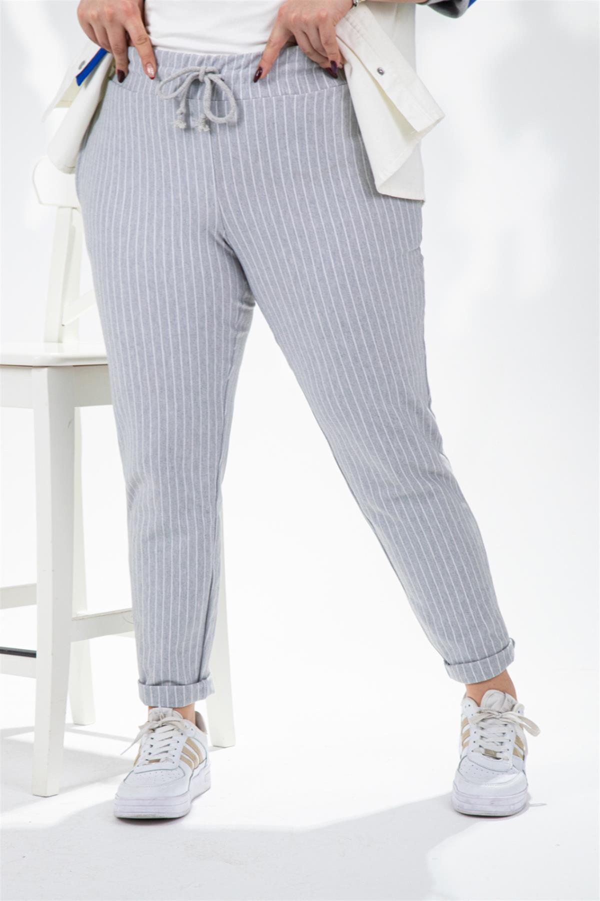 Büyük Beden 210054 Çizgili-Cepli Pantolon  Gri