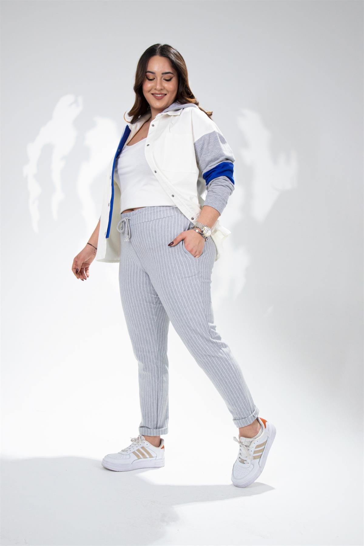 Büyük Beden 210054 Çizgili-Cepli Pantolon  Gri