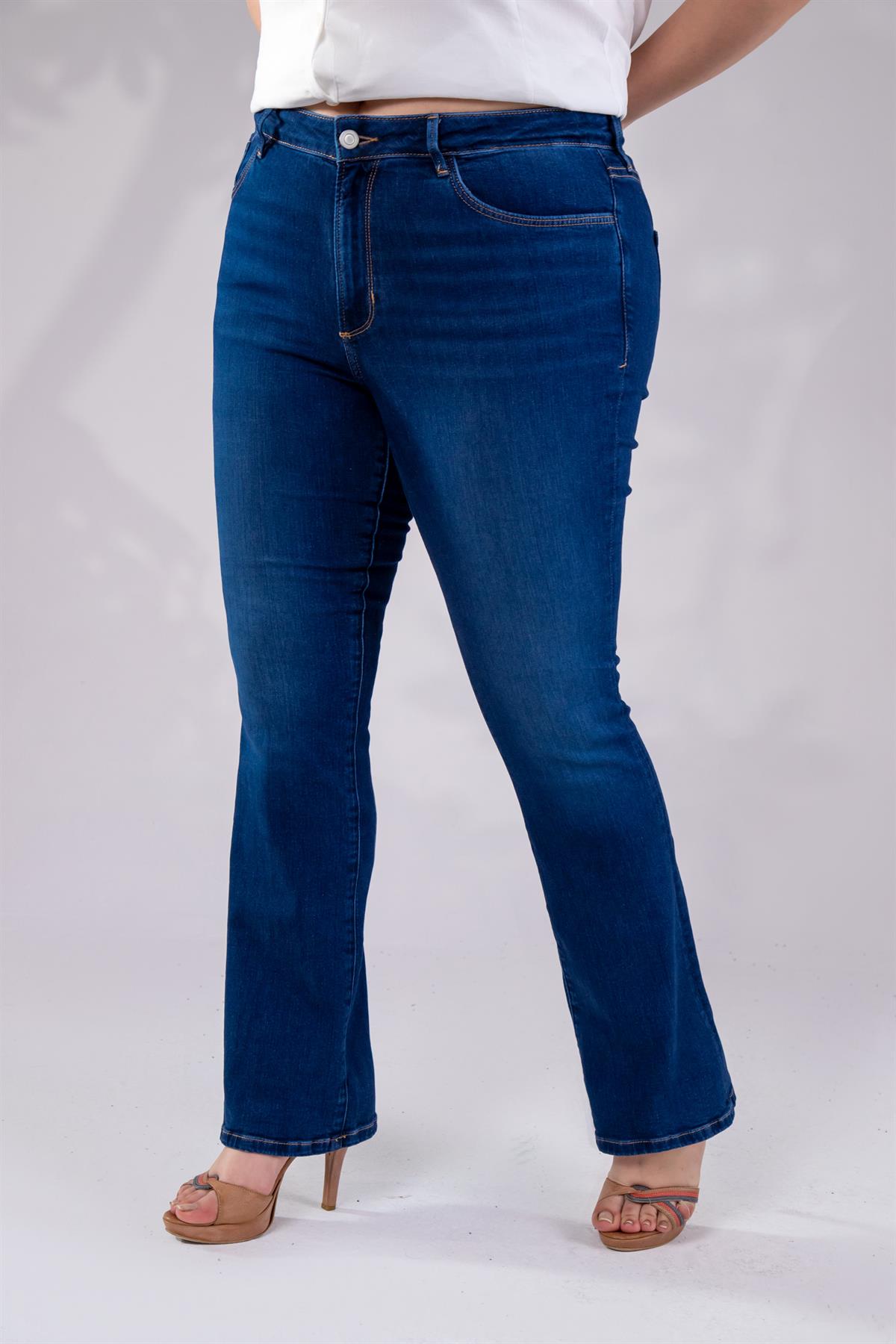 Büyük Beden 210075 Yarım İspanyol Paça Denim Pantolon  Lacivert