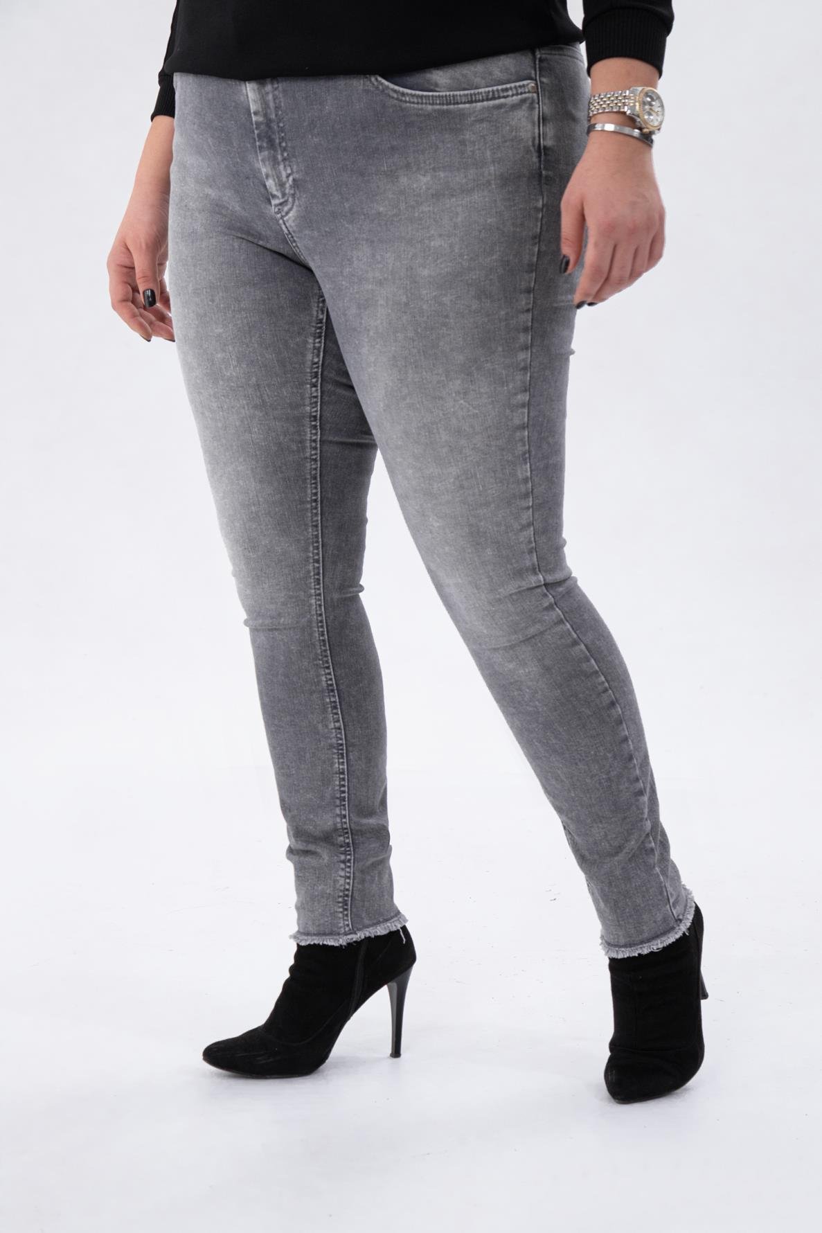 Büyük Beden 210088 Paça Detaylı Denim Pantolon  Gri