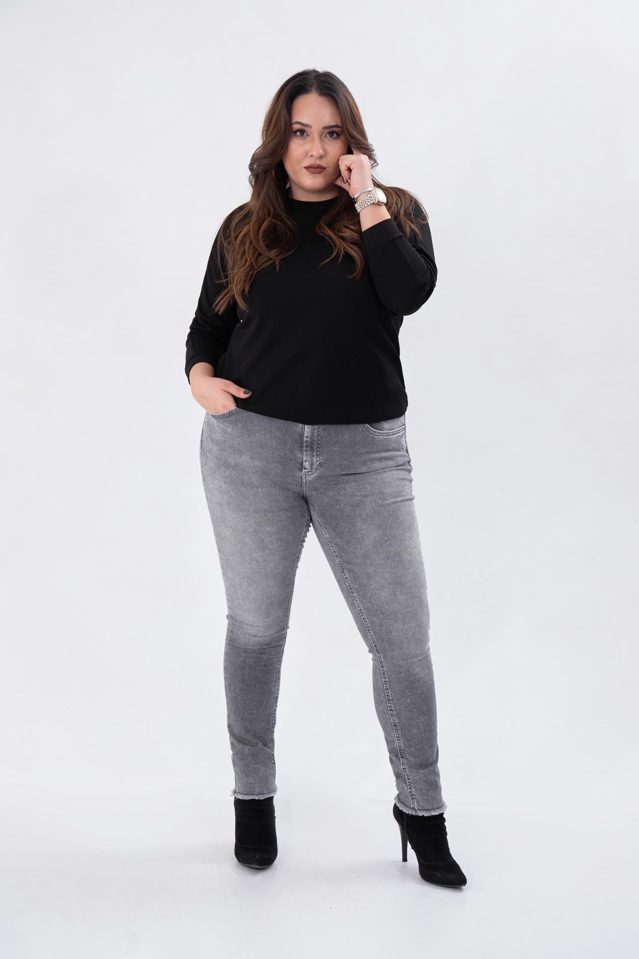 Büyük Beden 210088 Paça Detaylı Denim Pantolon  Gri