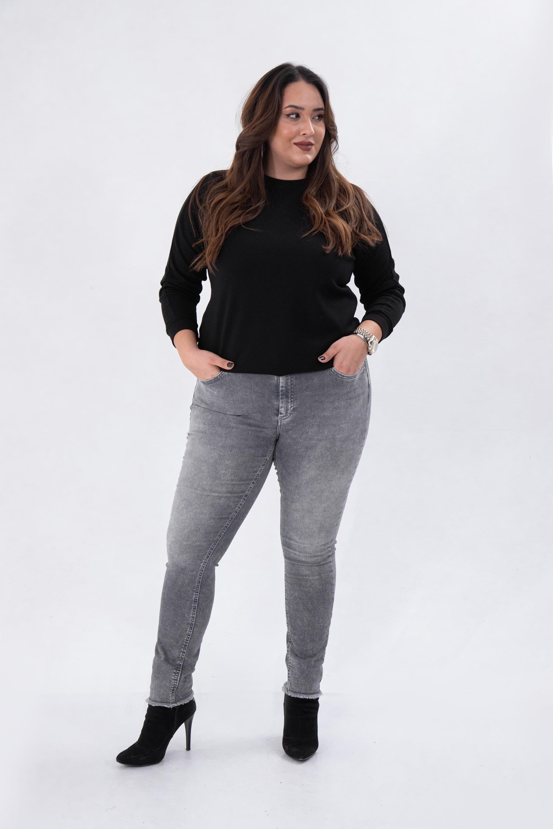 Büyük Beden 210088 Paça Detaylı Denim Pantolon  Gri