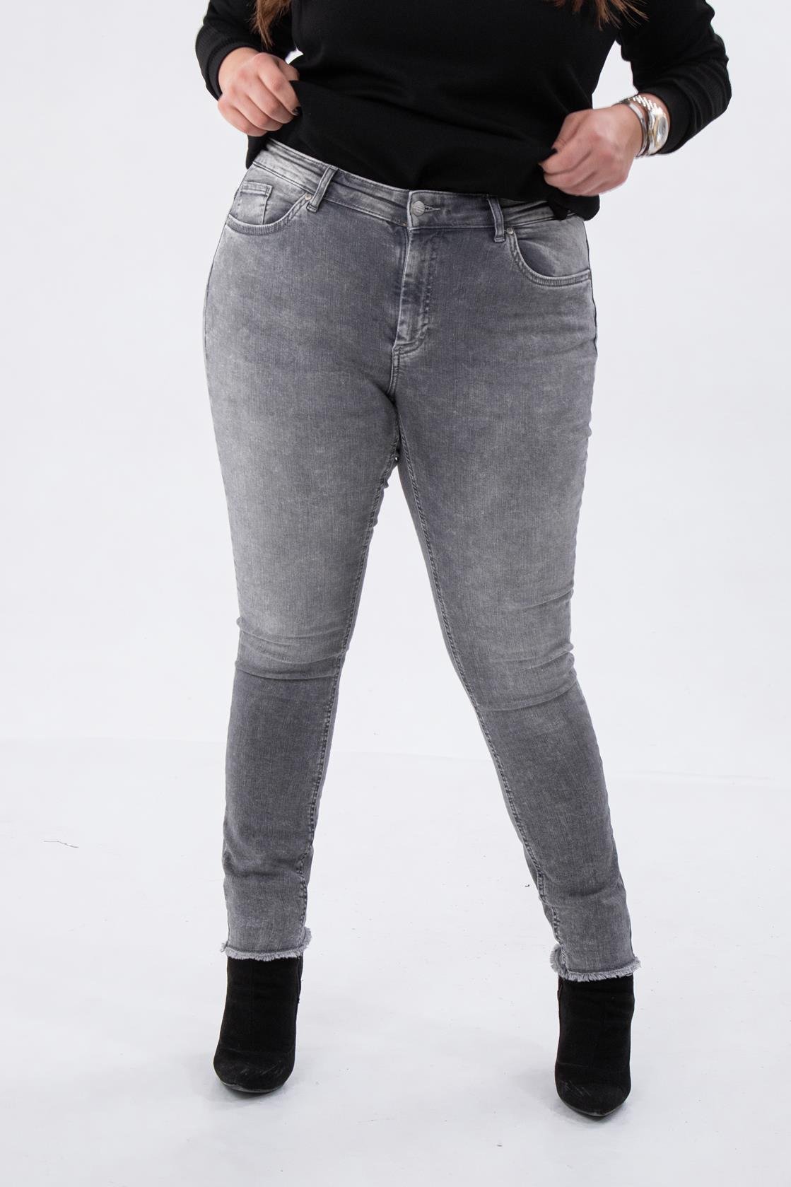 Büyük Beden 210088 Paça Detaylı Denim Pantolon  Gri