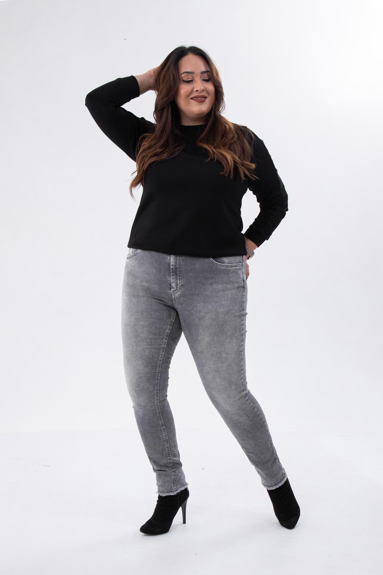 Büyük Beden 210088 Paça Detaylı Denim Pantolon  Gri