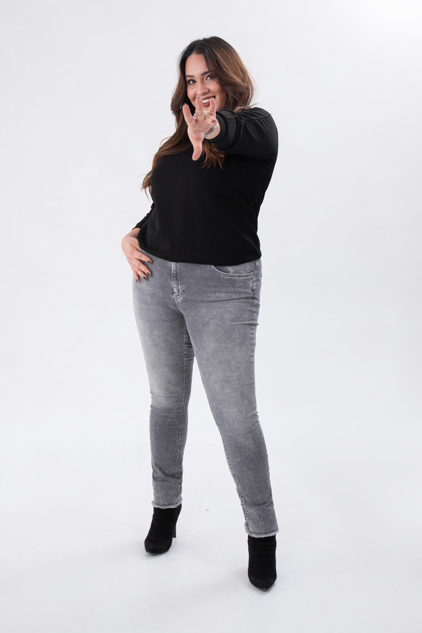 Büyük Beden 210088 Paça Detaylı Denim Pantolon  Gri