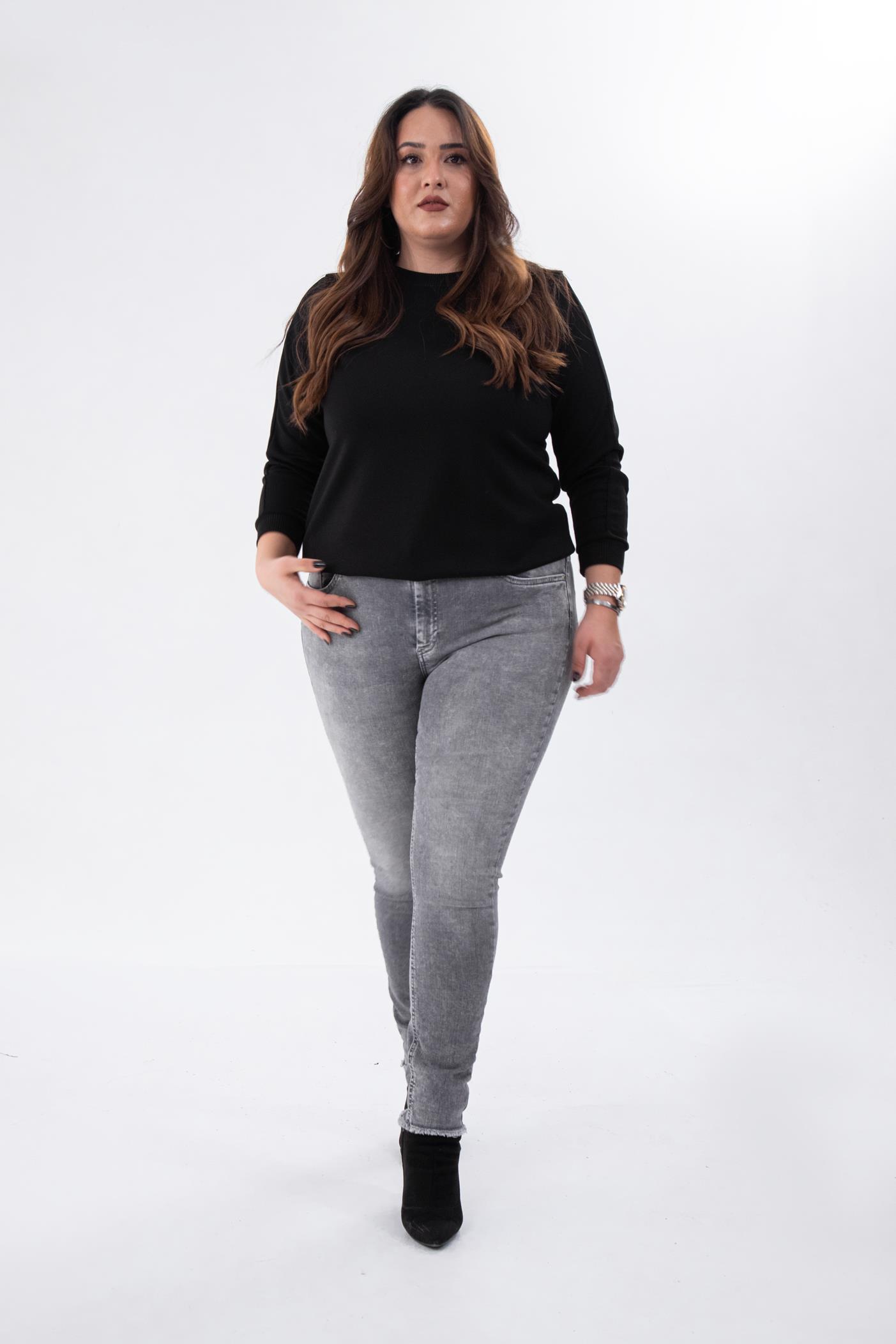 Büyük Beden 210088 Paça Detaylı Denim Pantolon  Gri