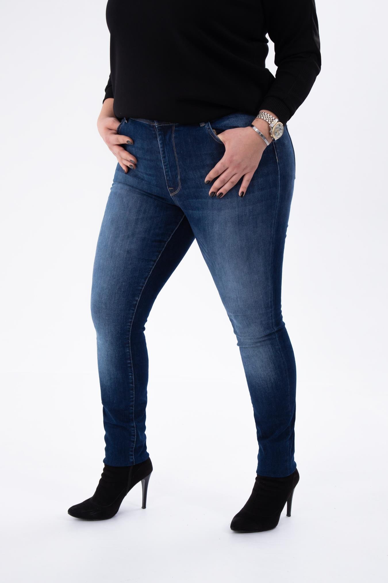 Büyük Beden 210089 Eskitme Denim Pantolon  Lacivert