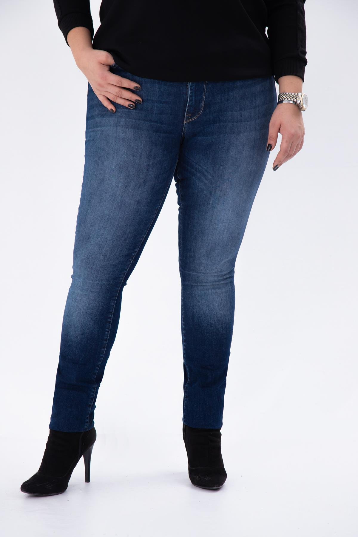 Büyük Beden 210089 Eskitme Denim Pantolon  Lacivert