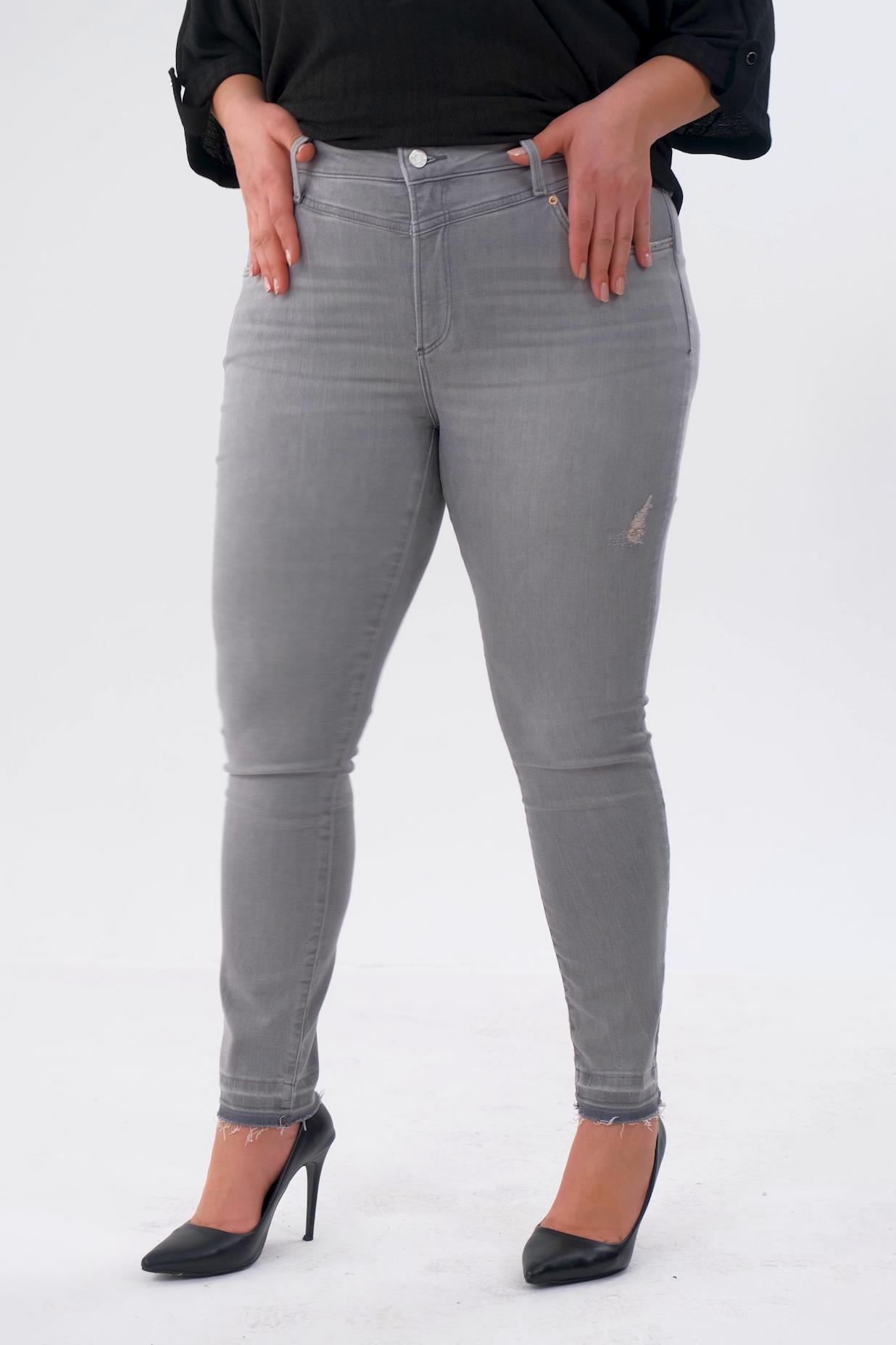 Büyük Beden 210098 Paça Detaylı Eskitme Denim Pabtolon  Gri