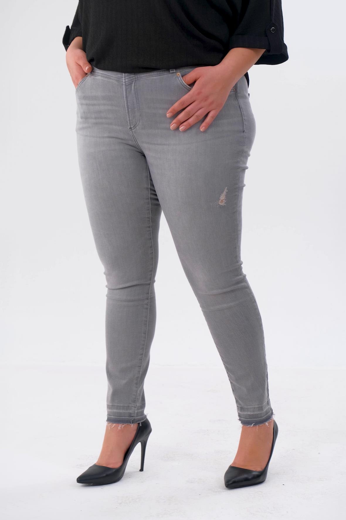 Büyük Beden 210098 Paça Detaylı Eskitme Denim Pabtolon  Gri