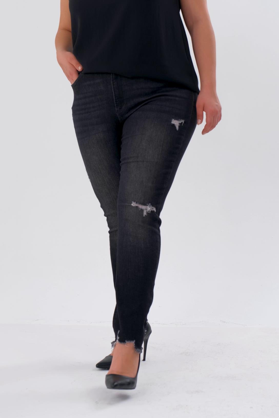 Büyük Beden 210099 Yırtık--Eskitme Denim Pantolon  Siyah