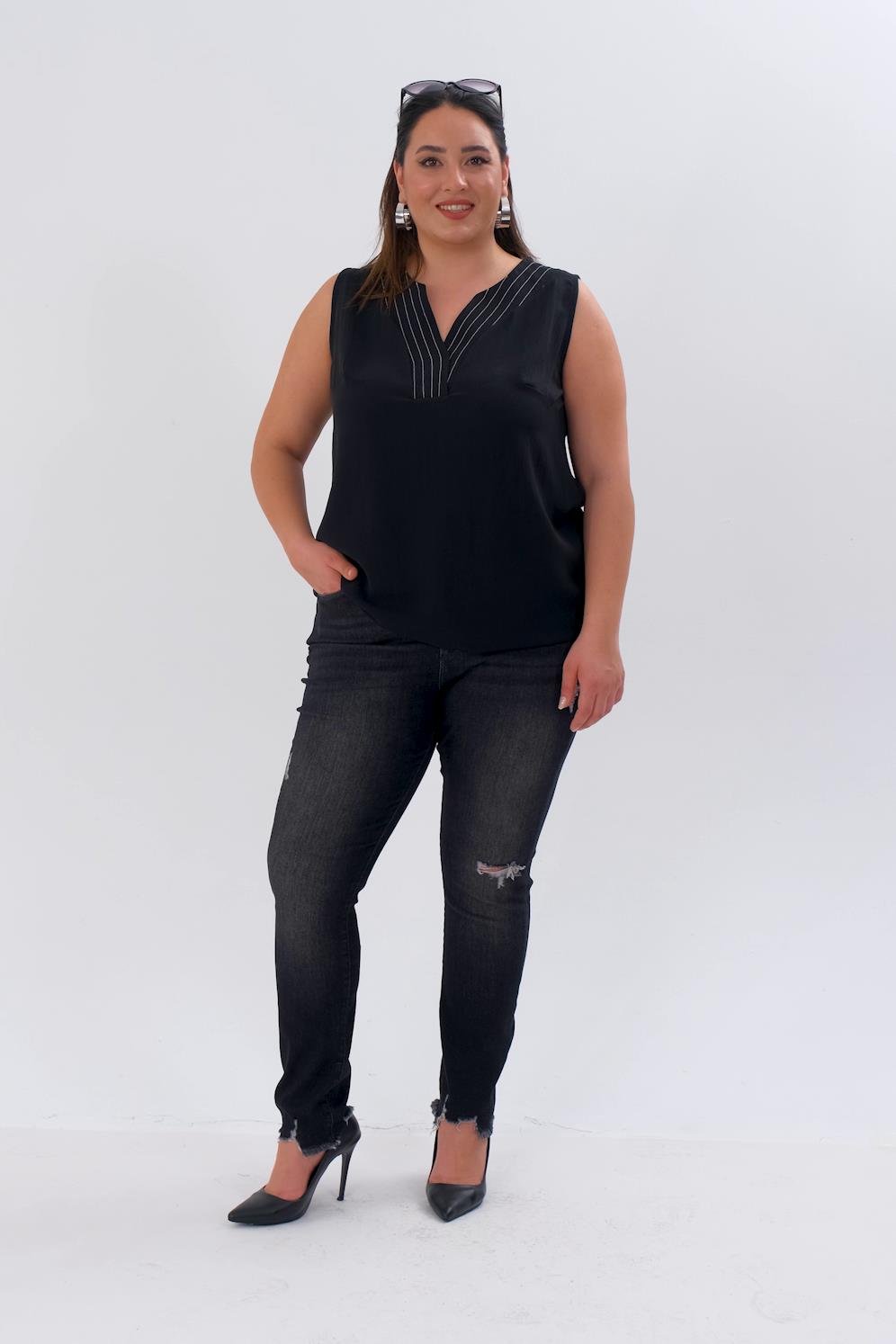 Büyük Beden 210099 Yırtık--Eskitme Denim Pantolon  Siyah