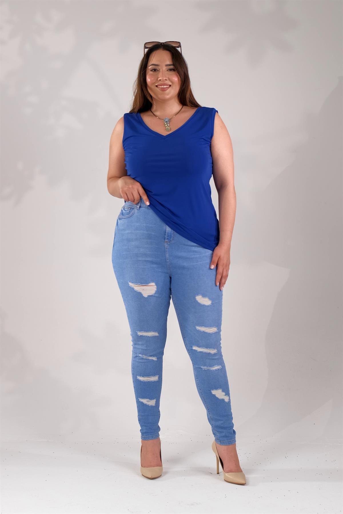 Büyük Beden 2222 Skinny Yırtık Denim Pantolon  Mavi