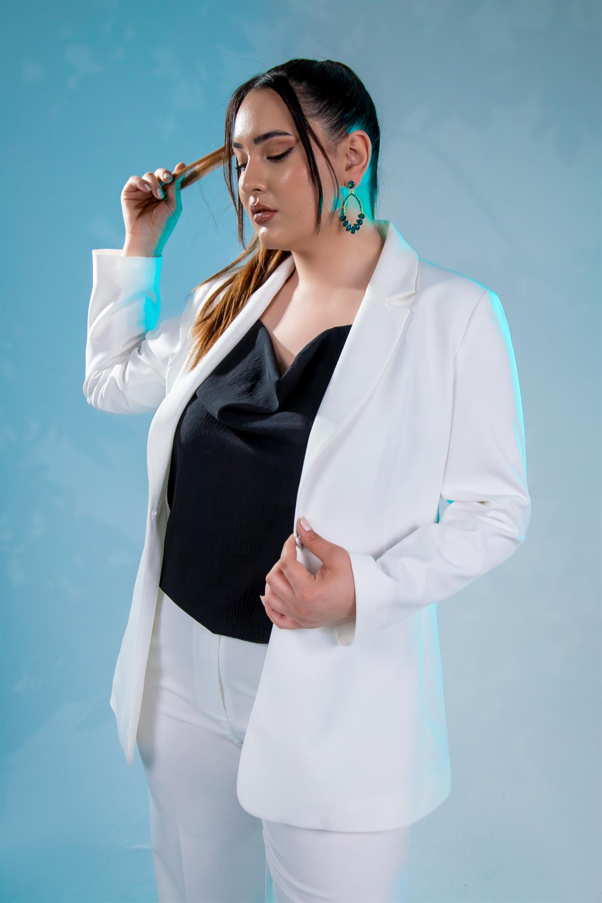 Büyük Beden 2230013 Tek Düğme Blazer Ceket  Beyaz