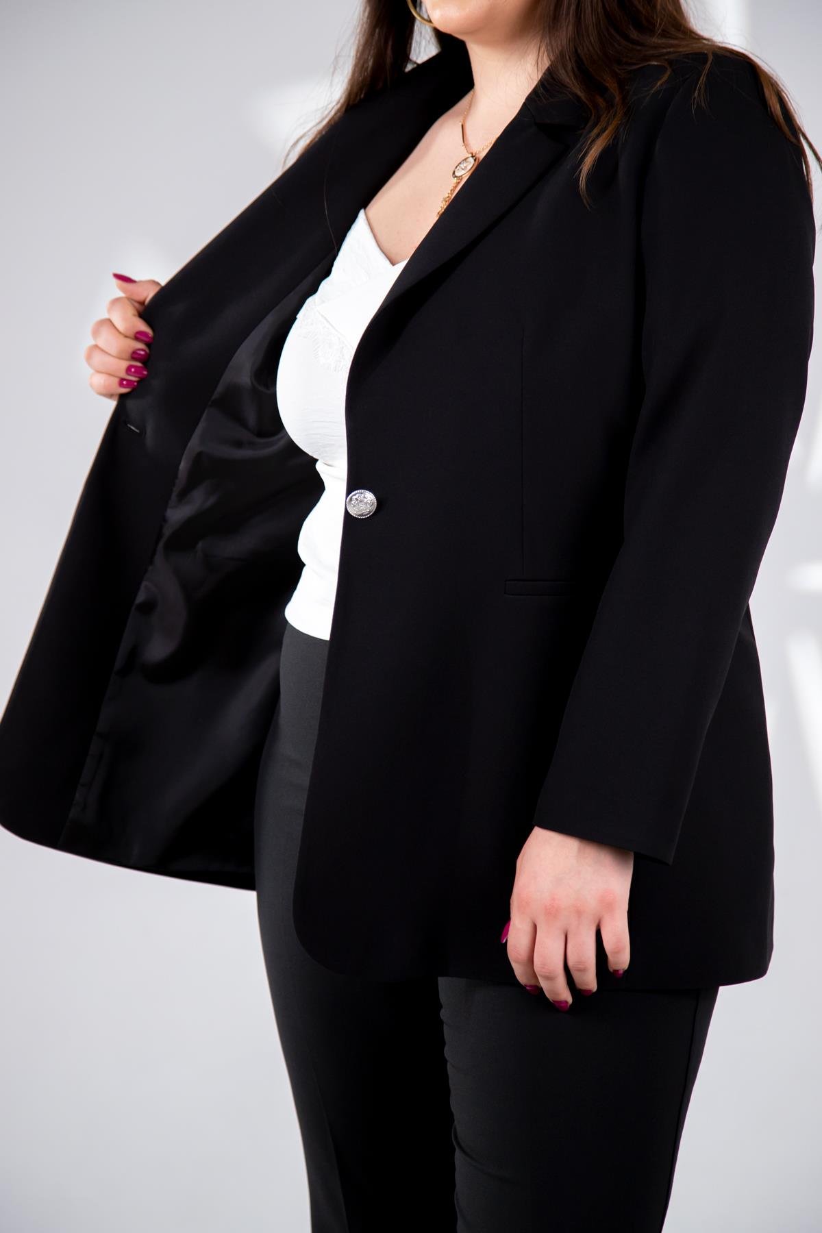 Büyük Beden 2230013 Tek Düğme Blazer Ceket  Siyah