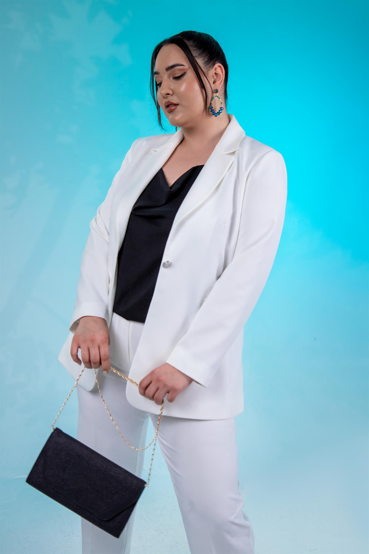 Büyük Beden 2230013 Tek Düğme Blazer Ceket  Beyaz