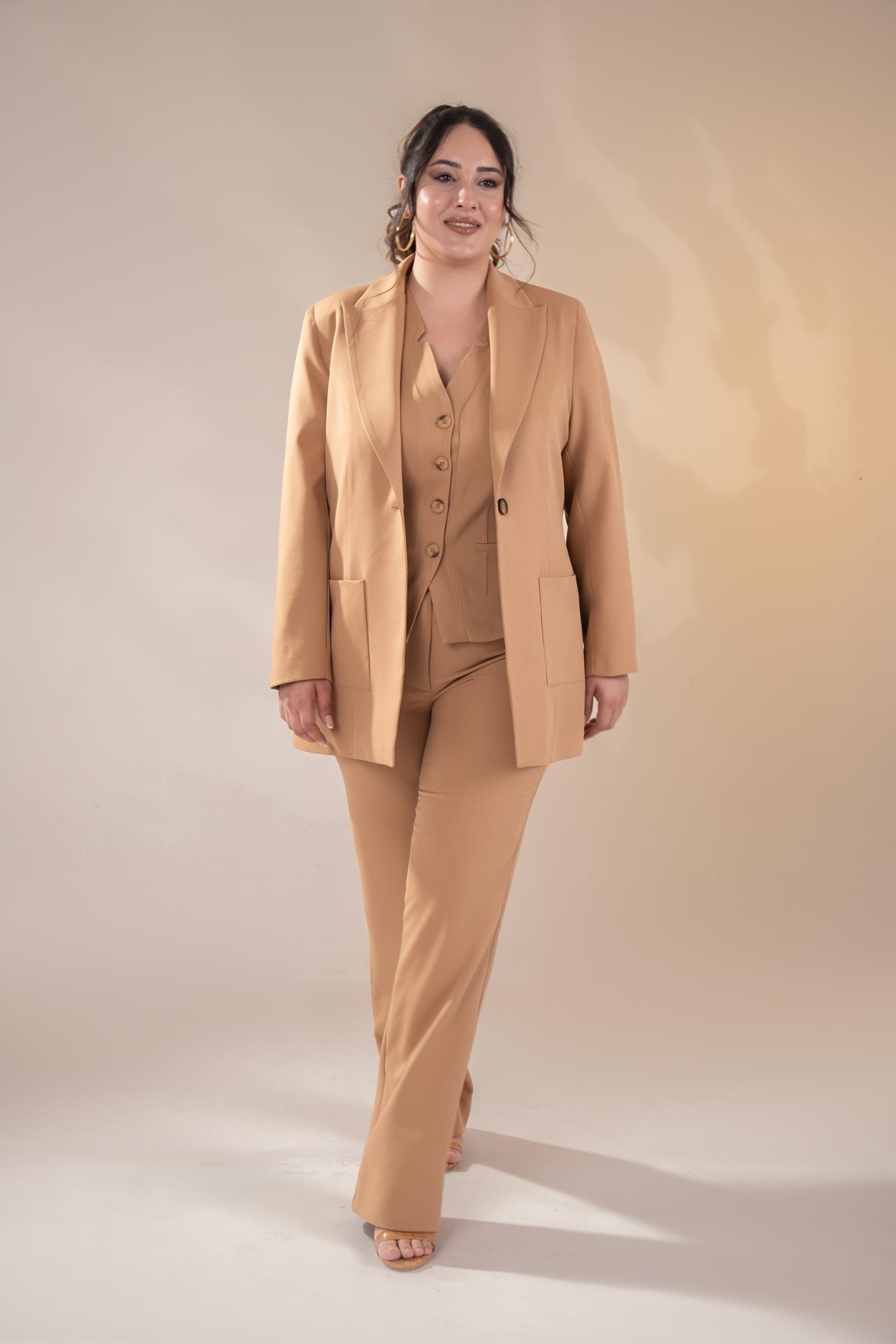 Büyük Beden 2230014 Cep Detaylı Blazer Ceket  Camel
