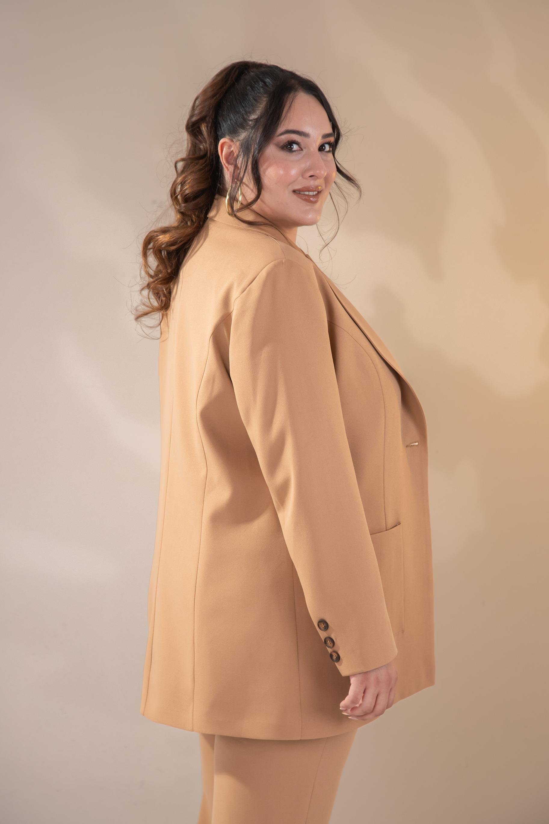 Büyük Beden 2230014 Cep Detaylı Blazer Ceket  Camel