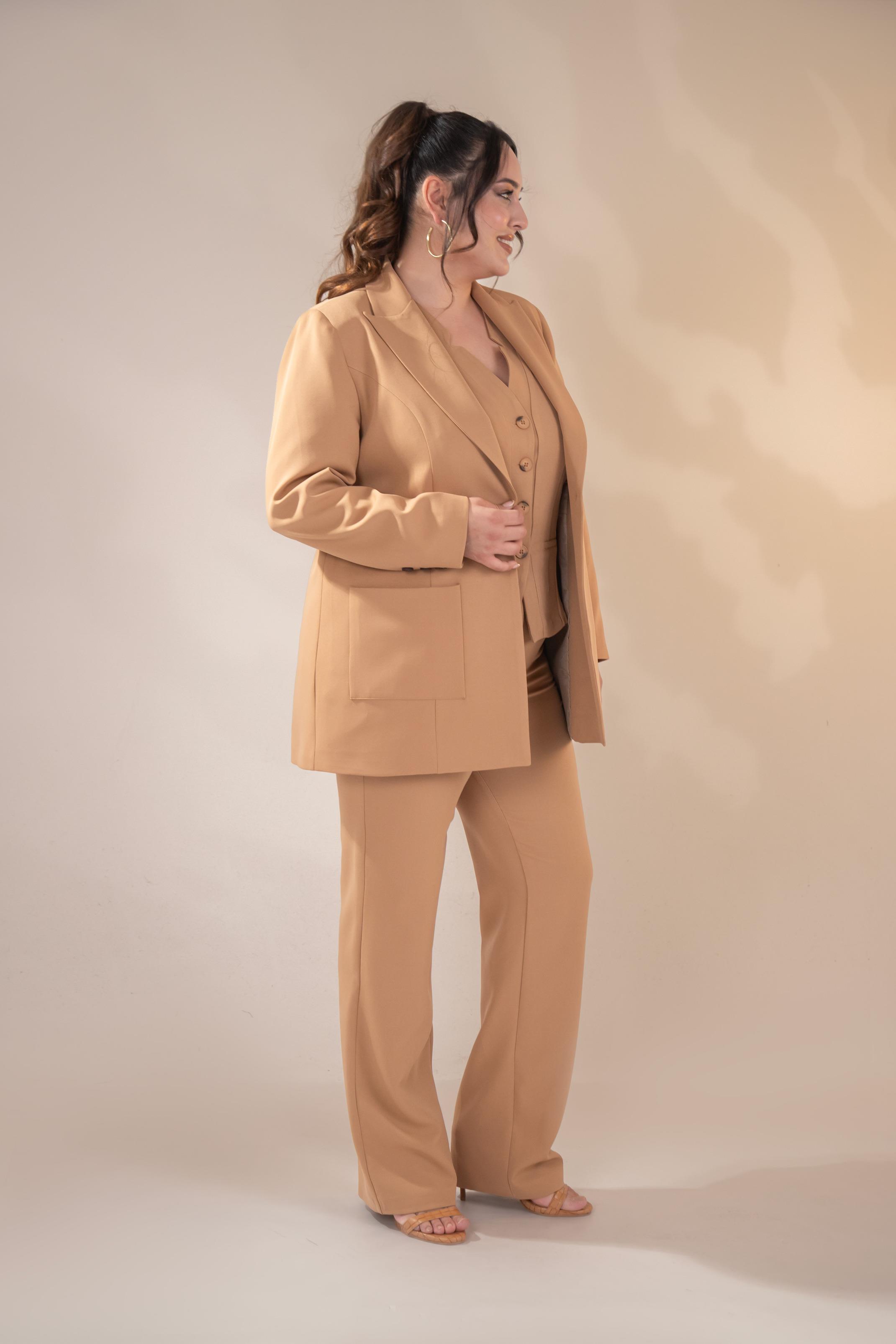 Büyük Beden 2230014 Cep Detaylı Blazer Ceket  Camel