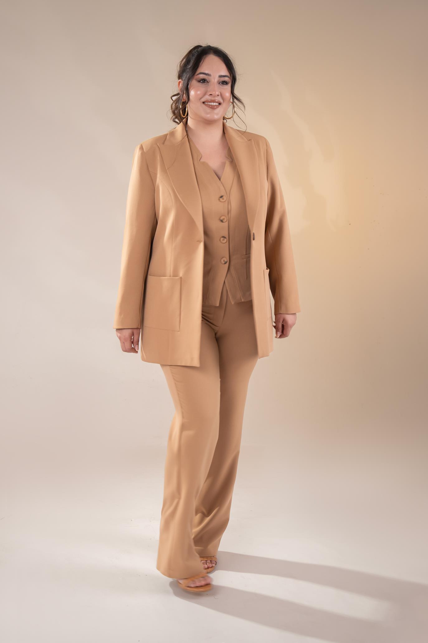 Büyük Beden 2230014 Cep Detaylı Blazer Ceket  Camel