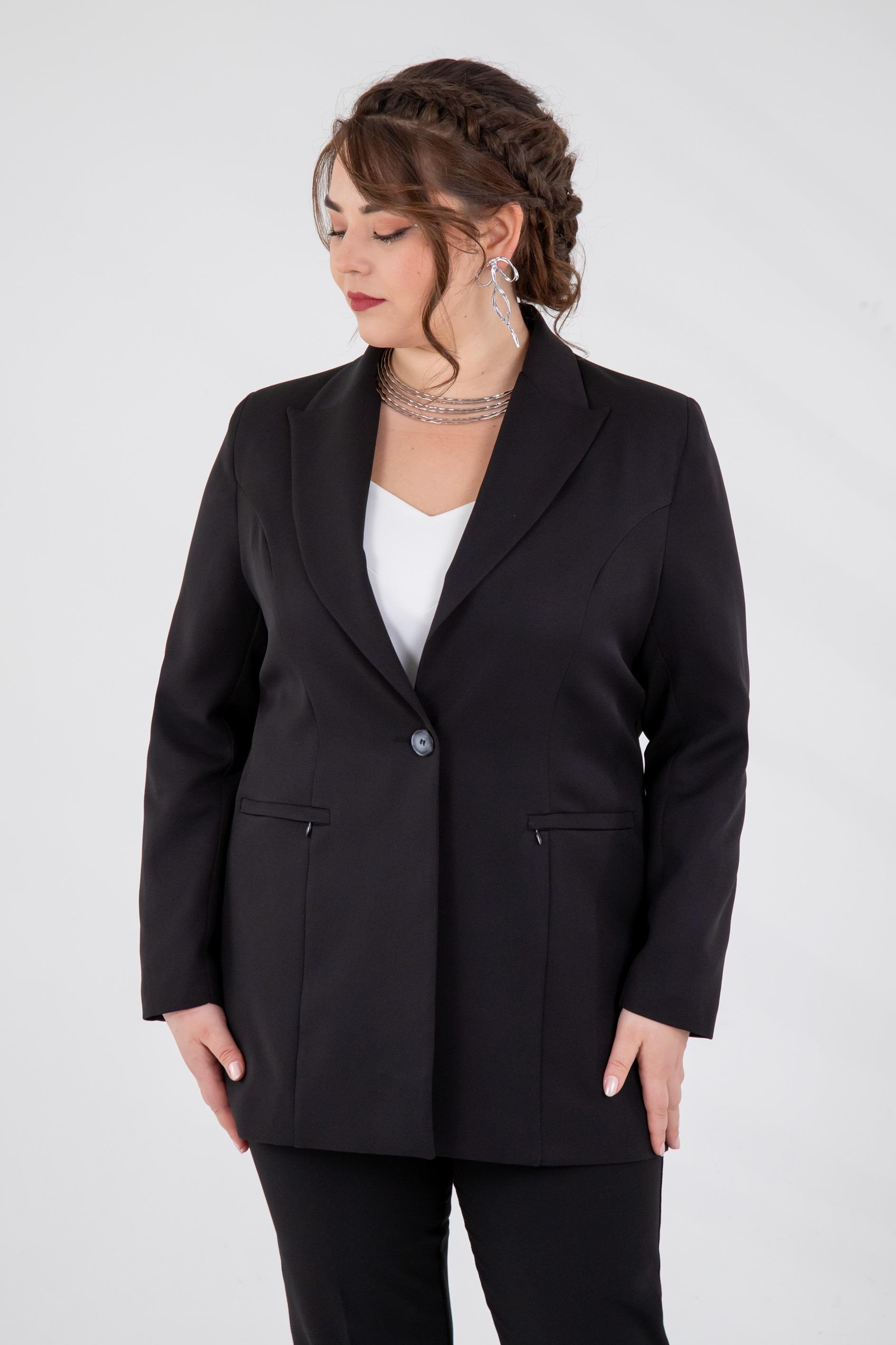 Büyük Beden 2230015 Cep Fermuarlı Blazer Ceket  Siyah