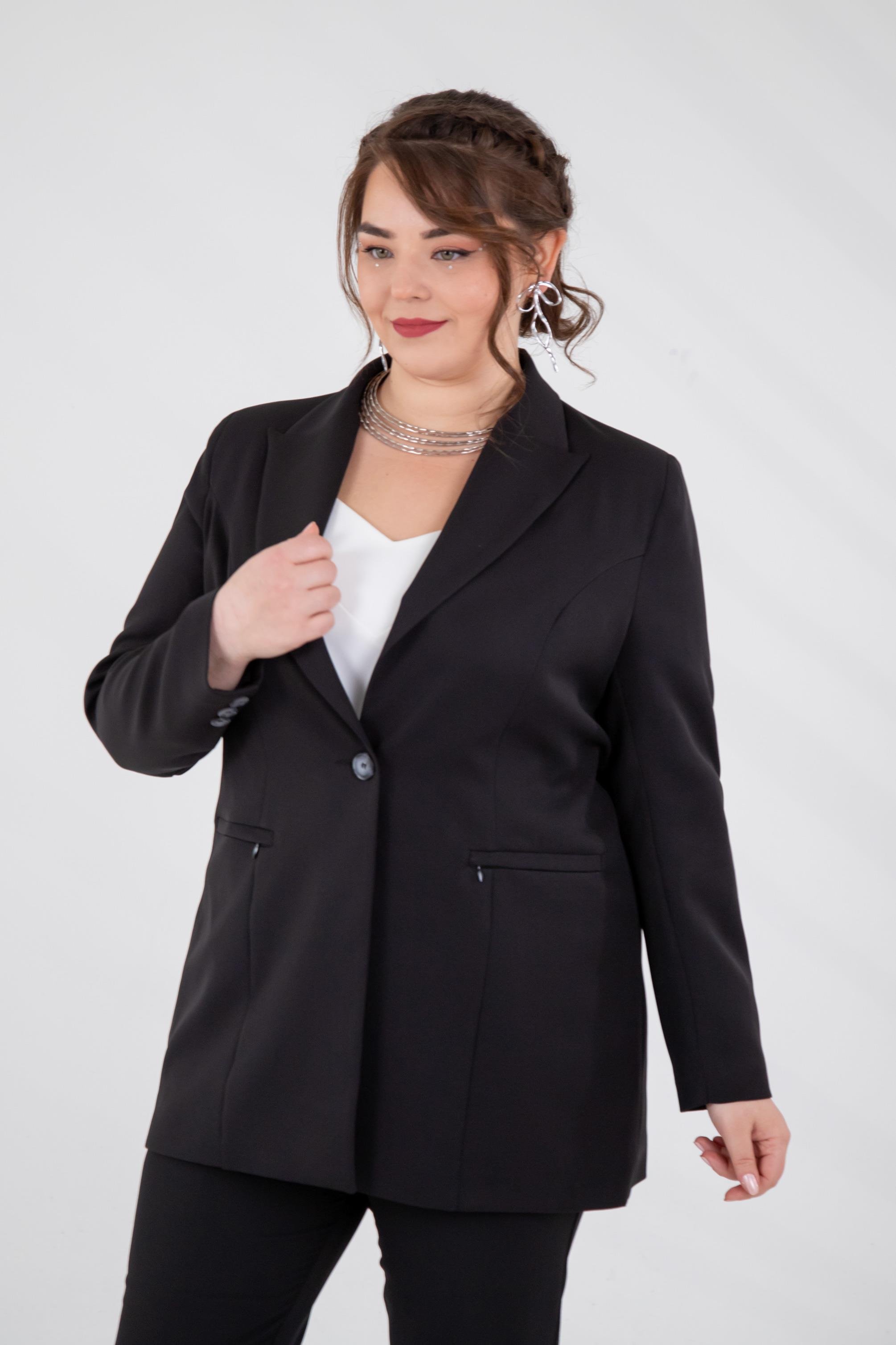 Büyük Beden 2230015 Cep Fermuarlı Blazer Ceket  Siyah
