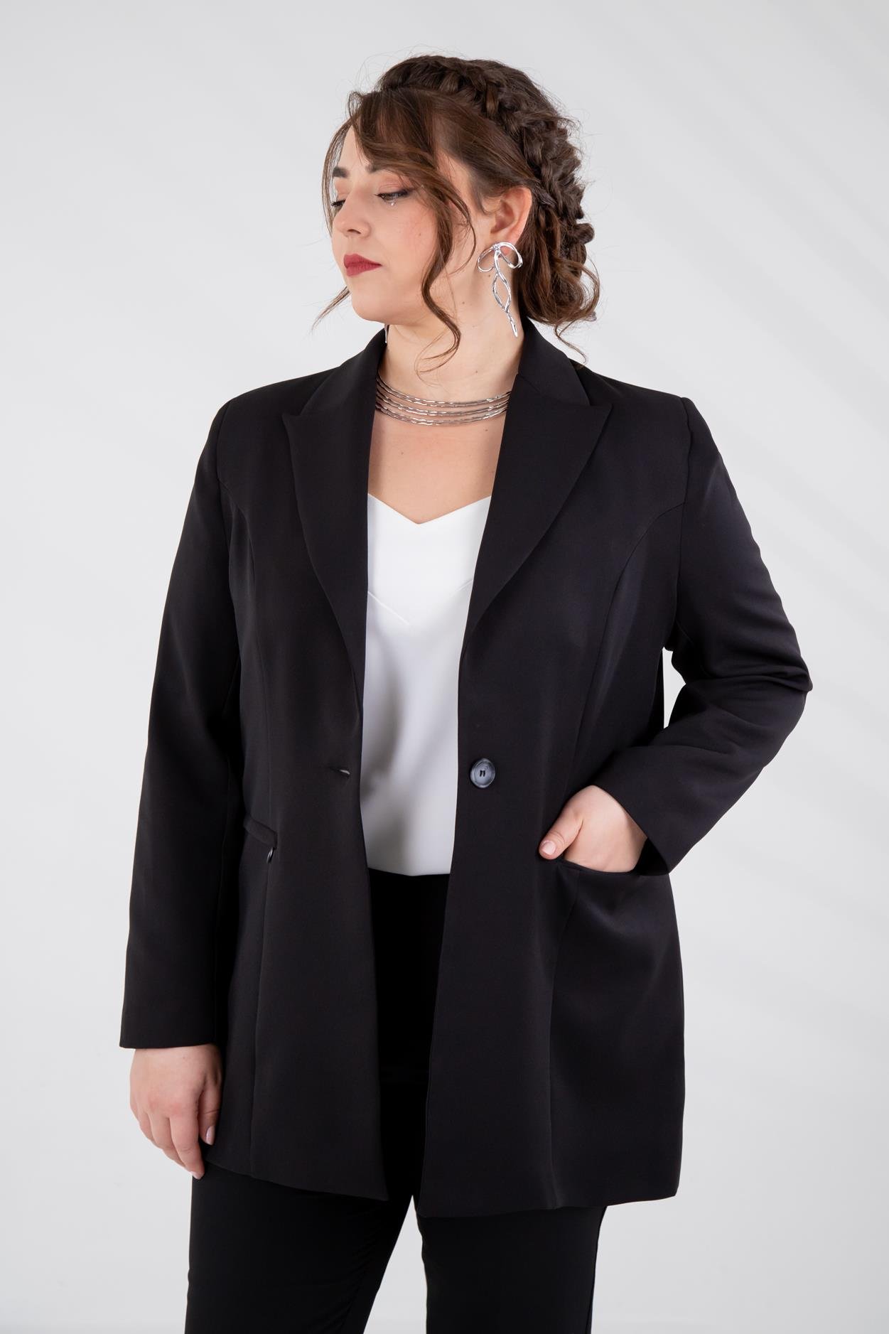 Büyük Beden 2230015 Cep Fermuarlı Blazer Ceket  Siyah