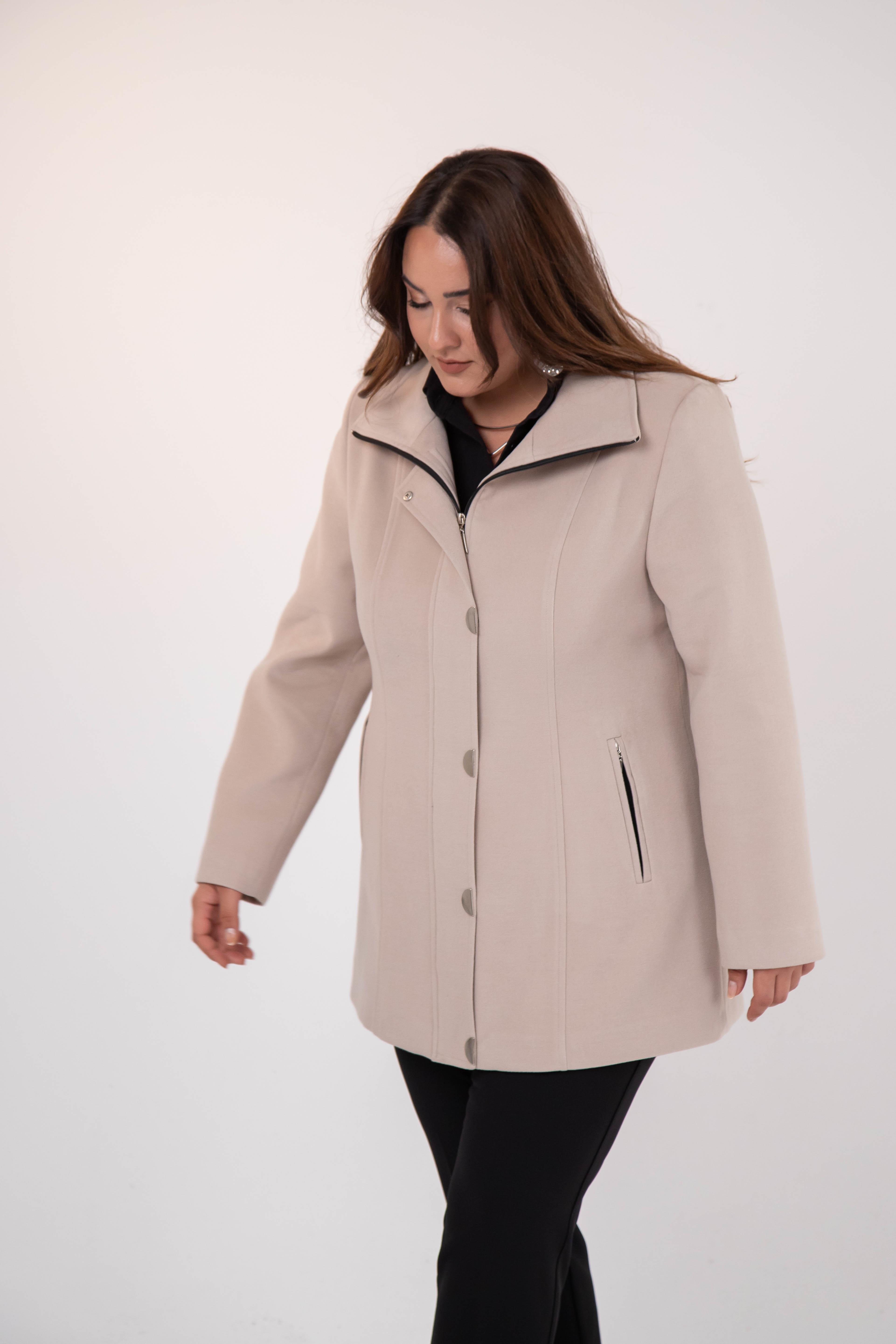 Büyük Beden 2230040 Çıt Çıt Detaylı Kısa Kaban  Bej