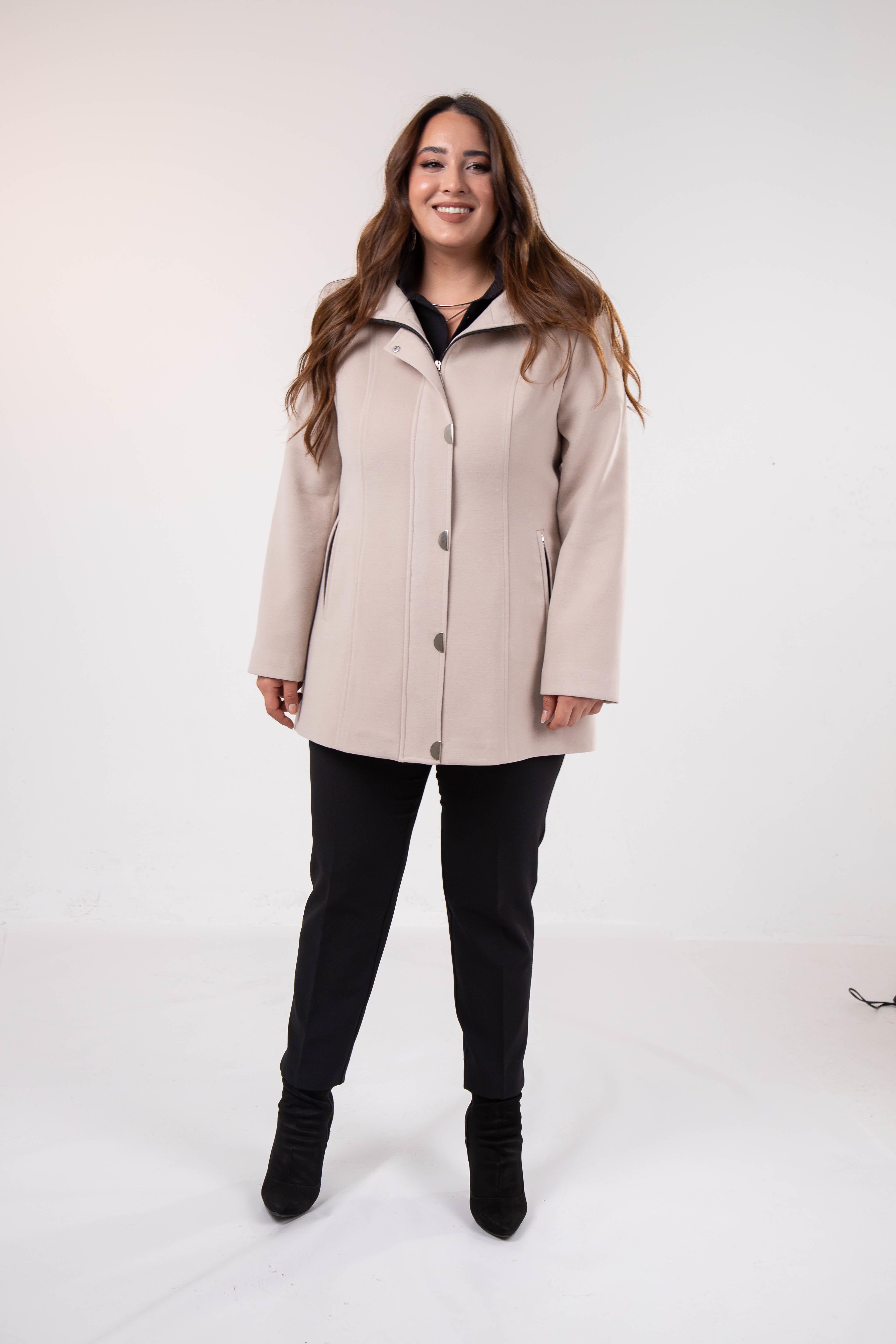 Büyük Beden 2230040 Çıt Çıt Detaylı Kısa Kaban  Bej