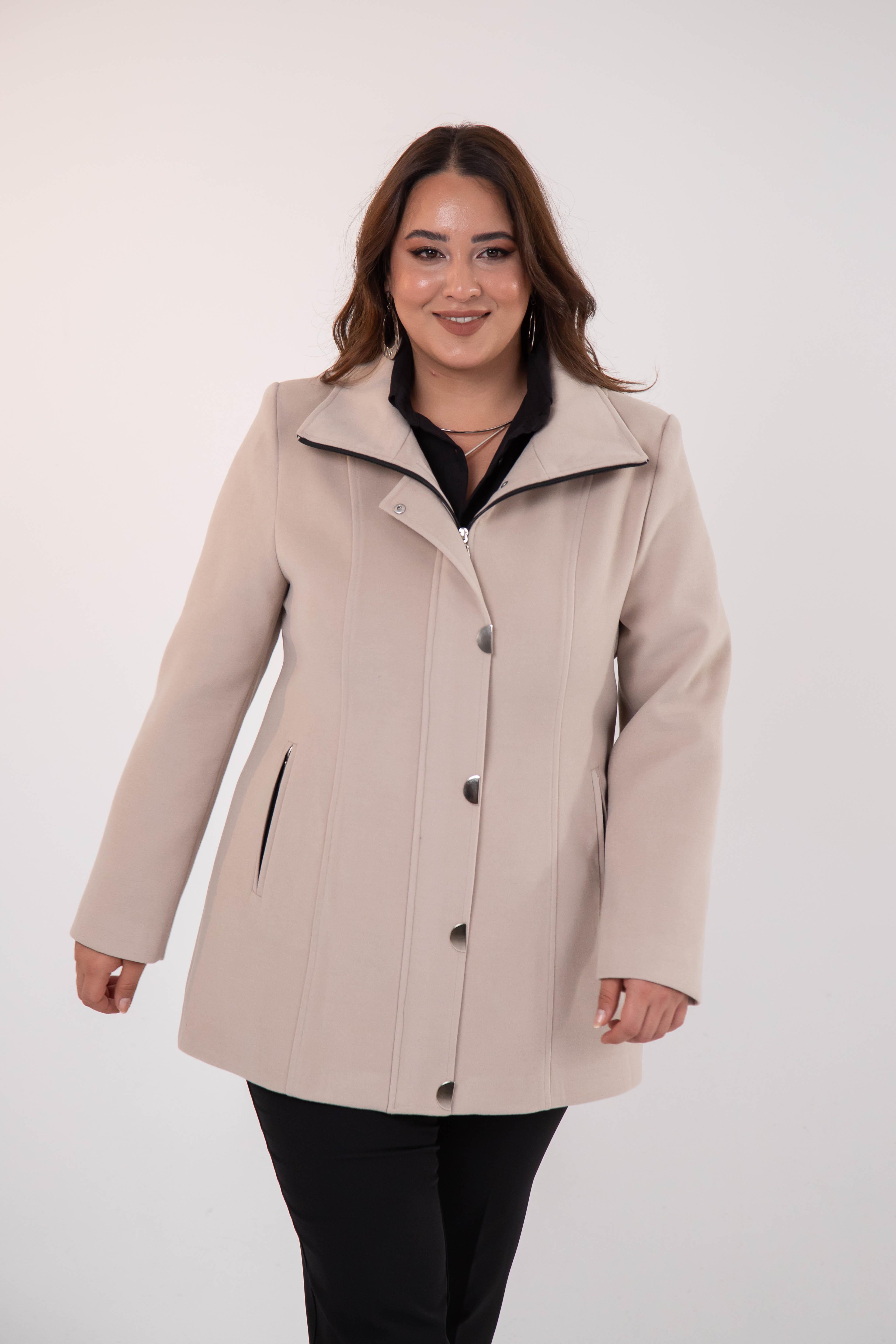 Büyük Beden 2230040 Çıt Çıt Detaylı Kısa Kaban  Bej