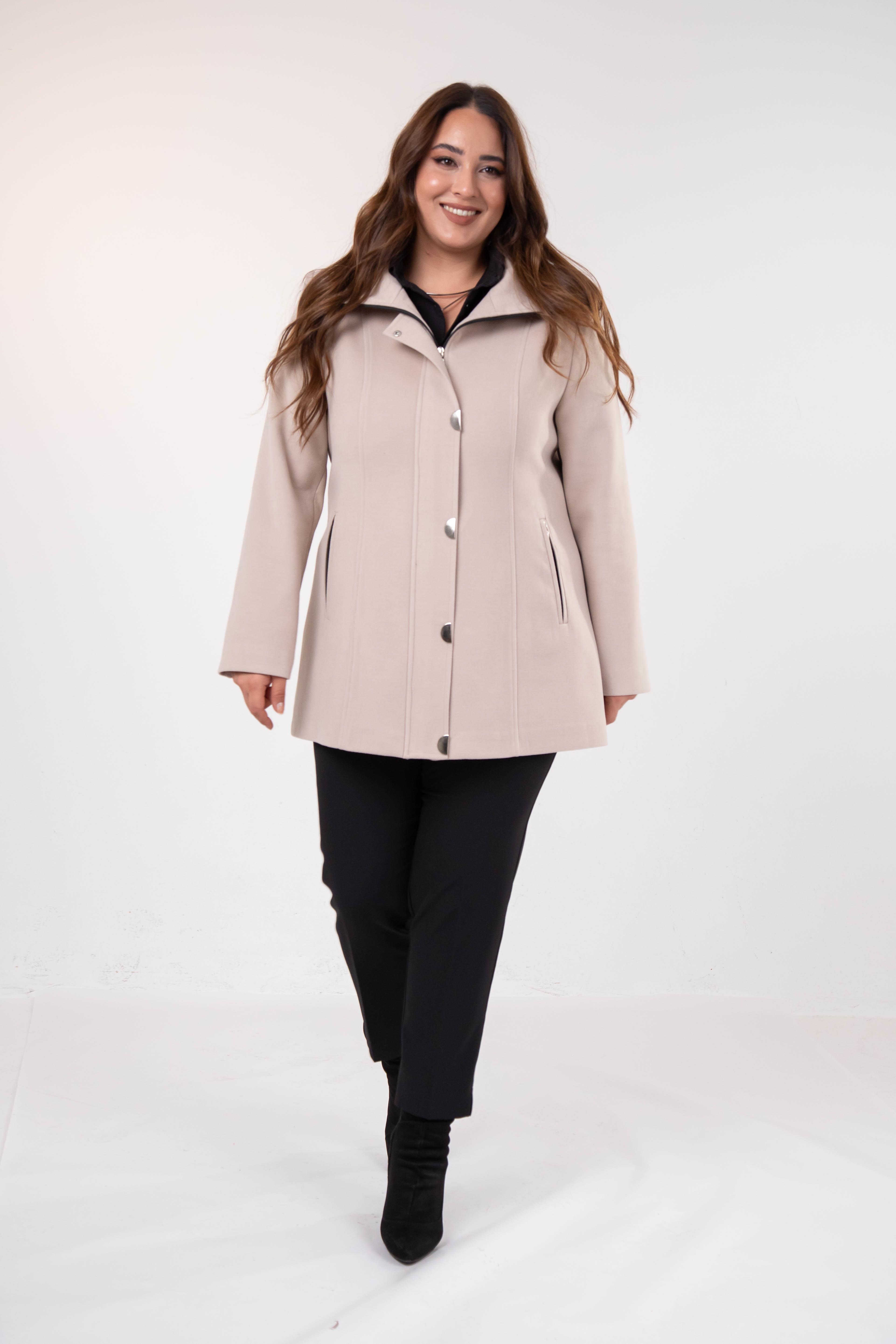 Büyük Beden 2230040 Çıt Çıt Detaylı Kısa Kaban  Bej