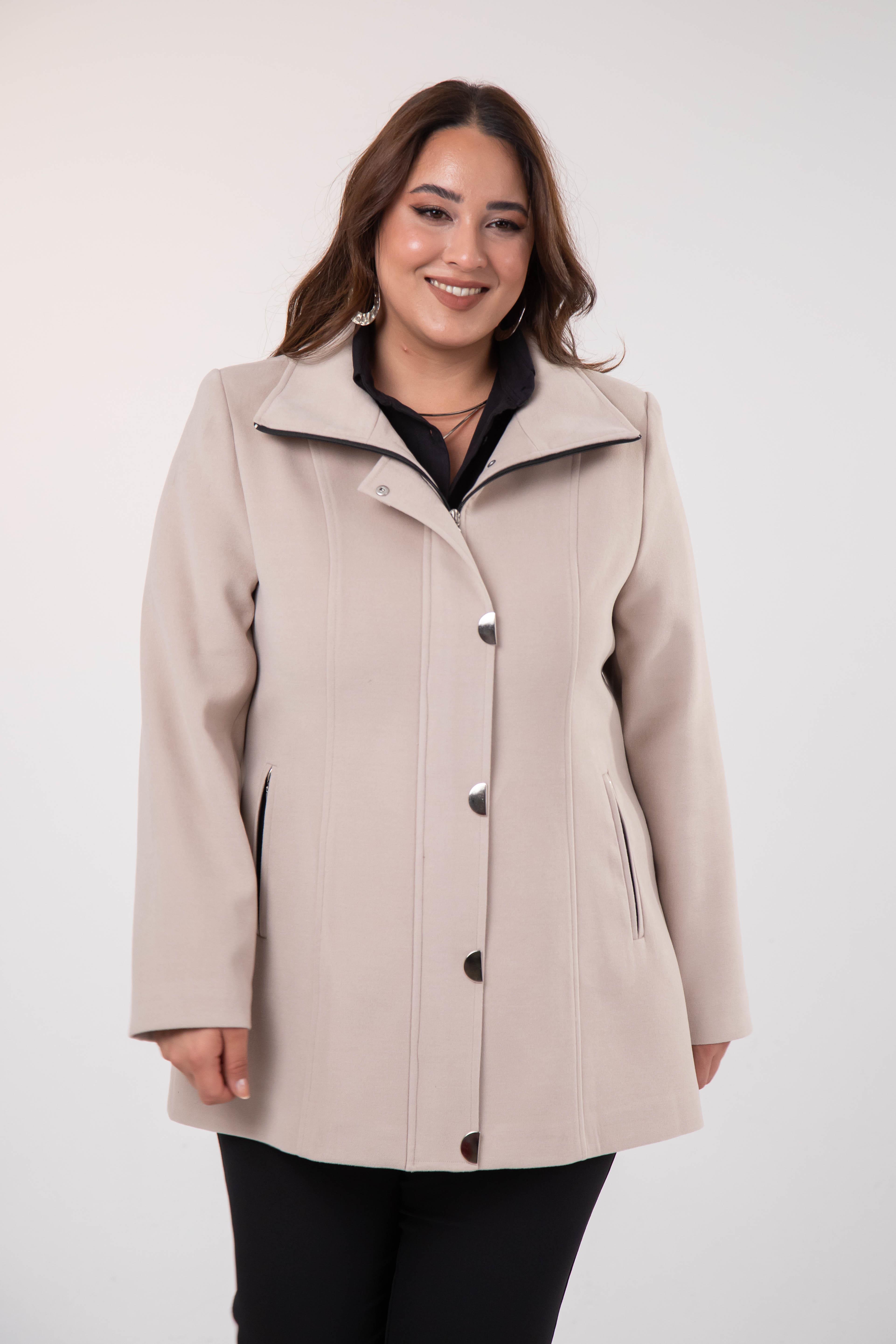 Büyük Beden 2230040 Çıt Çıt Detaylı Kısa Kaban  Bej