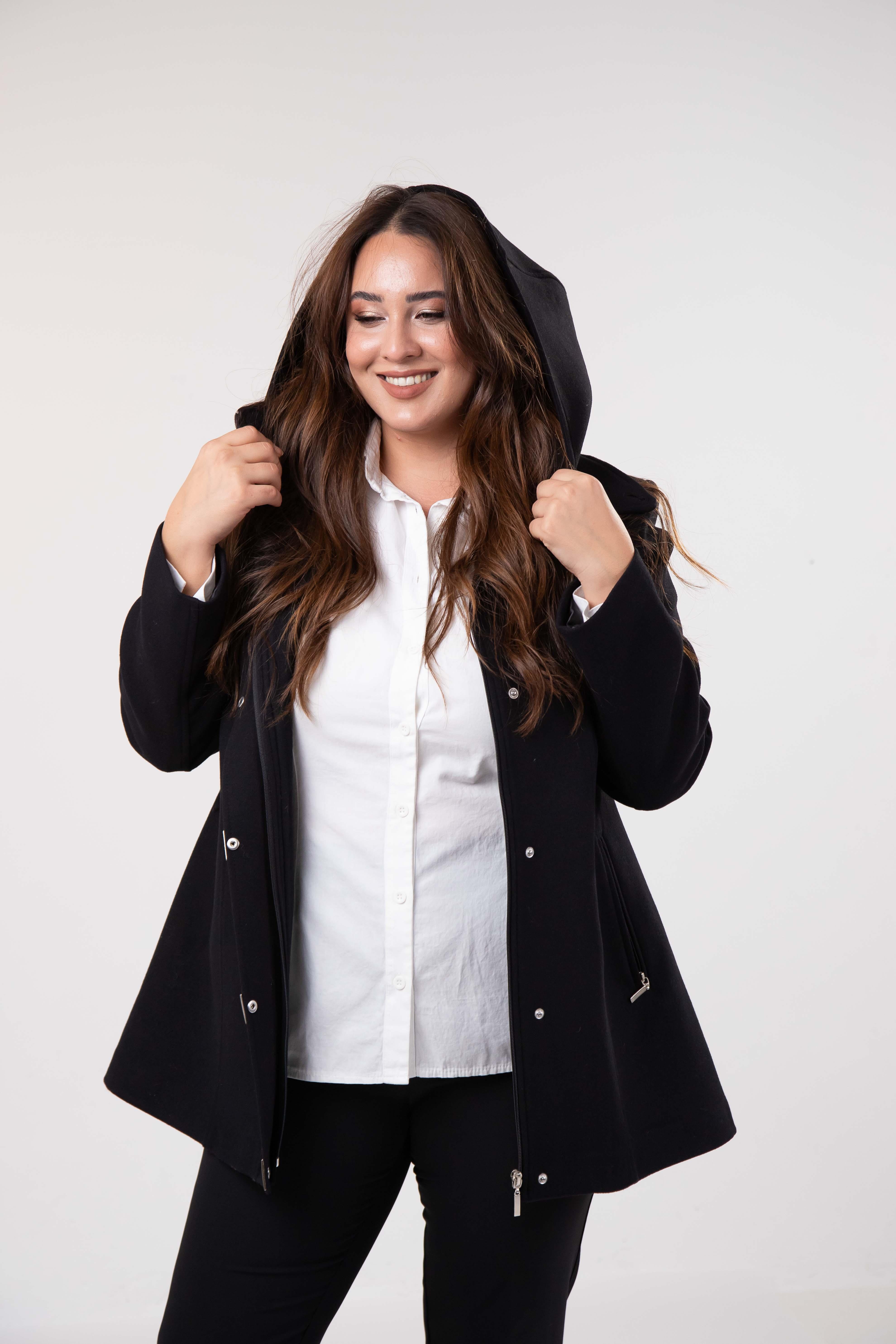 Büyük Beden 2230040 Çıt Çıt Detaylı Kısa Kaban  Siyah