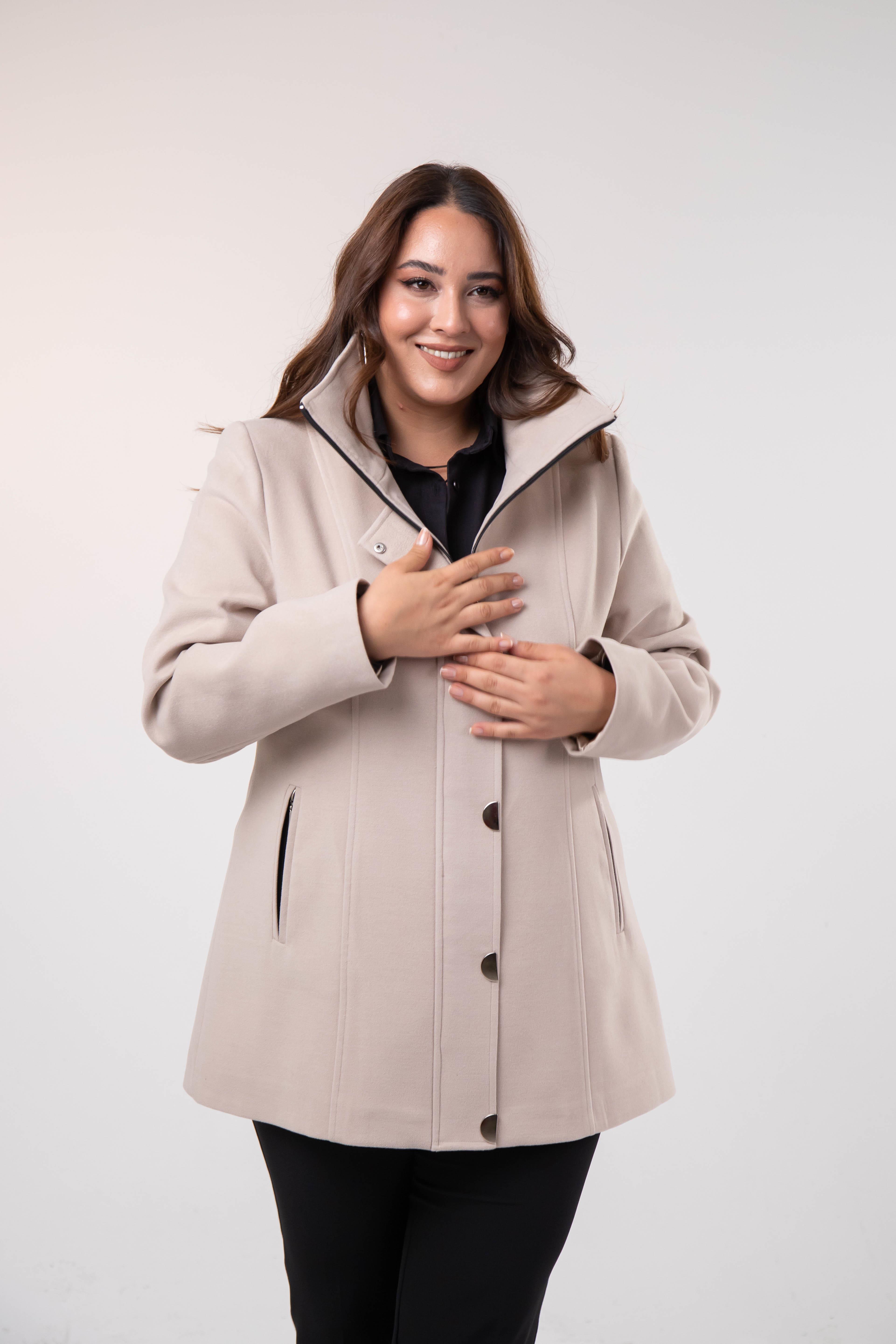 Büyük Beden 2230040 Çıt Çıt Detaylı Kısa Kaban  Bej