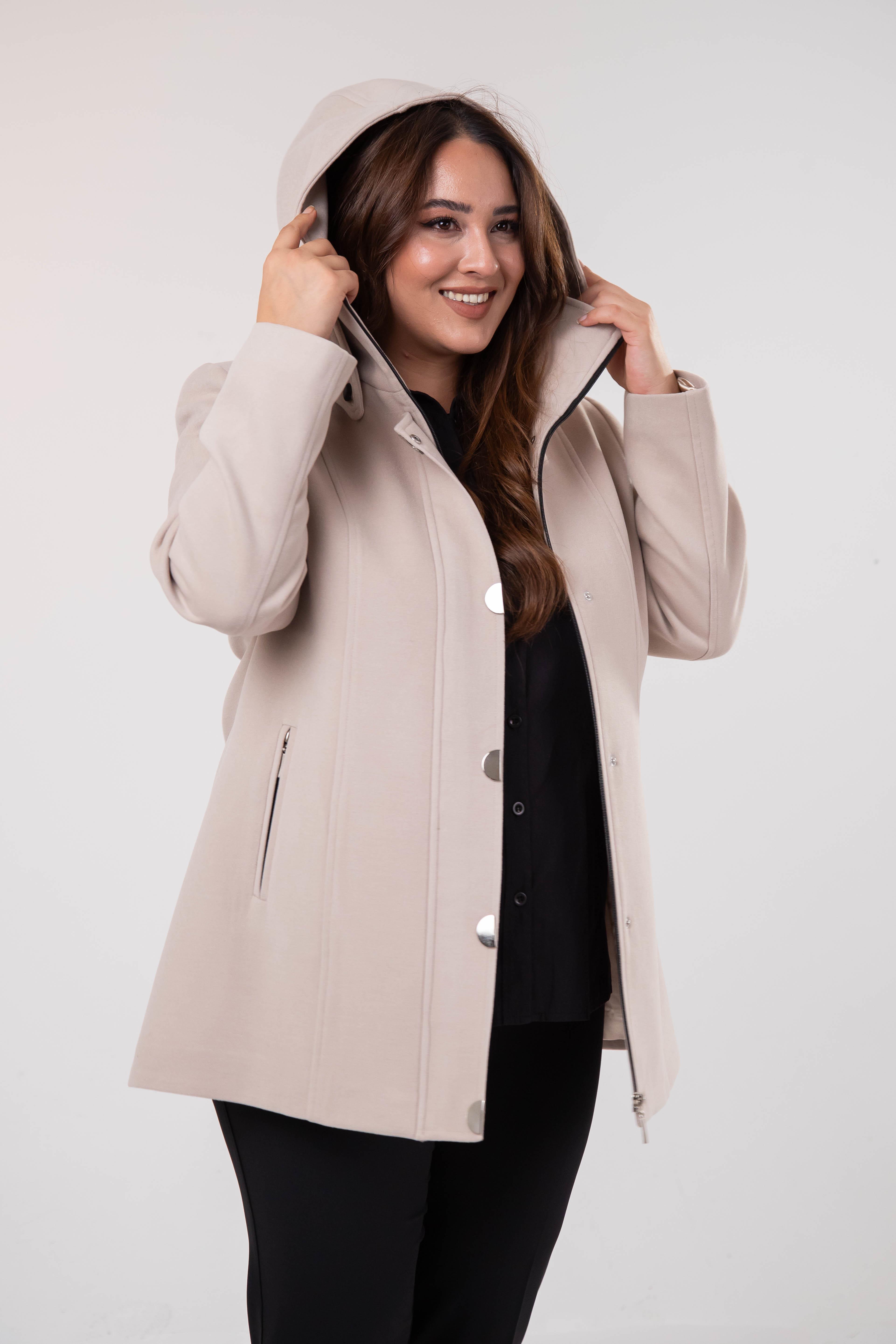 Büyük Beden 2230040 Çıt Çıt Detaylı Kısa Kaban  Bej